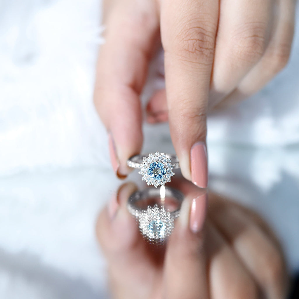 Aquamarine Engagement Ring – Moissanite Halo Cluster With AAA Aquamarine Jewelry