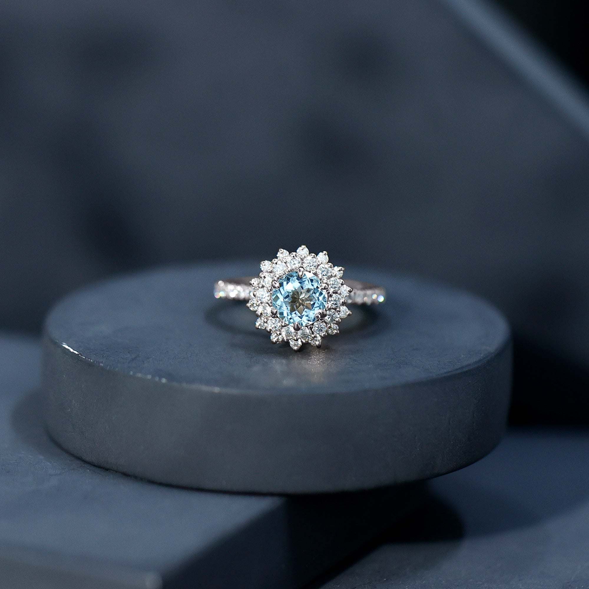 Aquamarine Engagement Ring – Moissanite Halo Cluster With AAA Aquamarine Jewelry