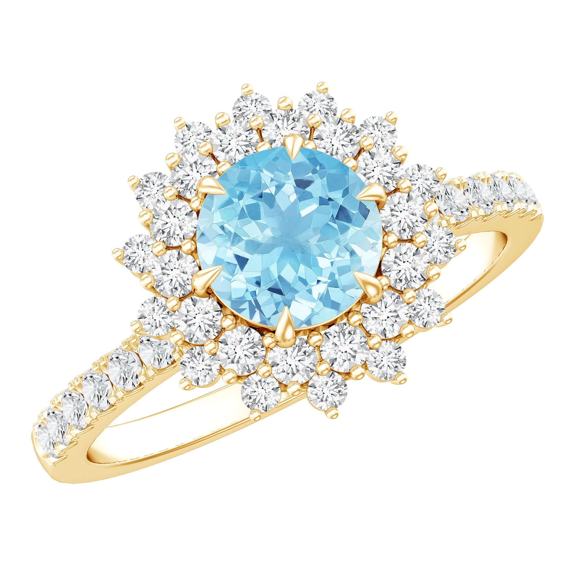 Aquamarine Engagement Ring – Moissanite Halo Cluster With AAA Aquamarine Jewelry