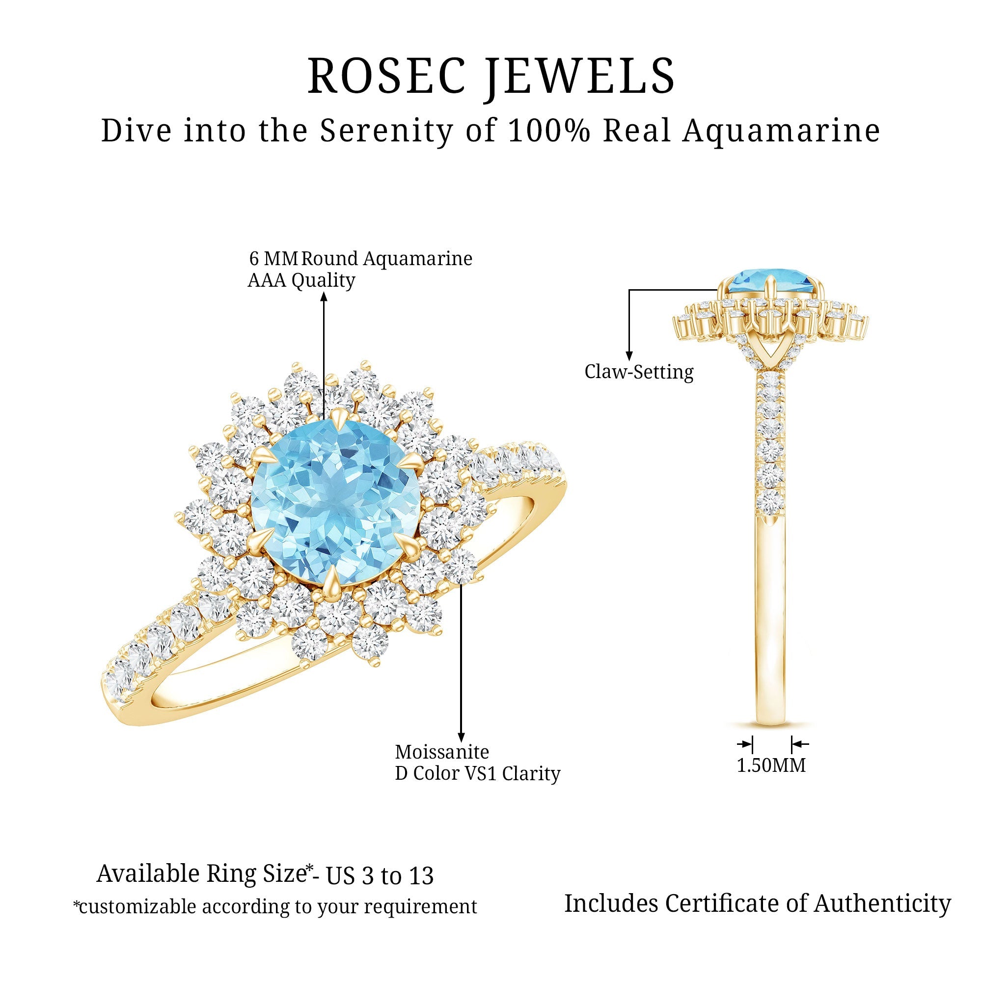 Aquamarine Engagement Ring – Moissanite Halo Cluster With AAA Aquamarine Jewelry