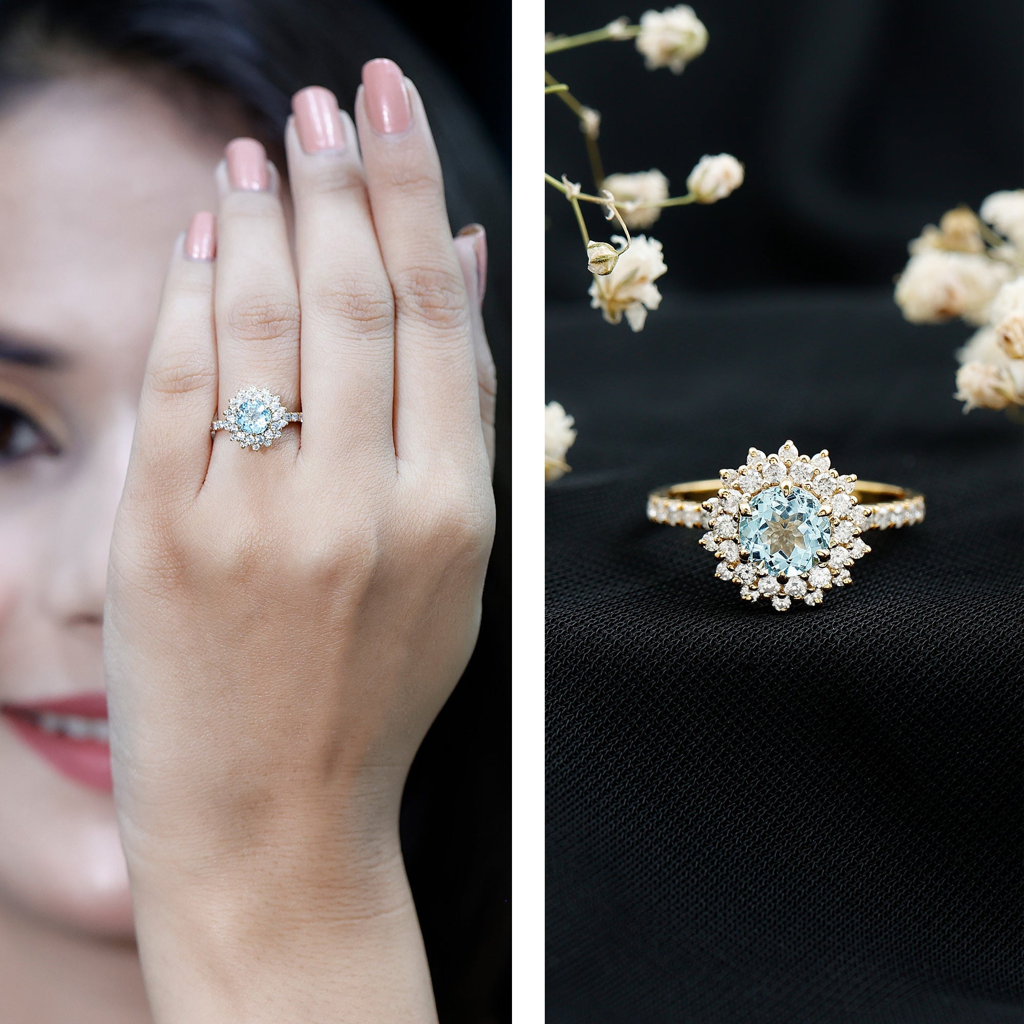 Aquamarine Engagement Ring – Moissanite Halo Cluster With AAA Aquamarine Jewelry