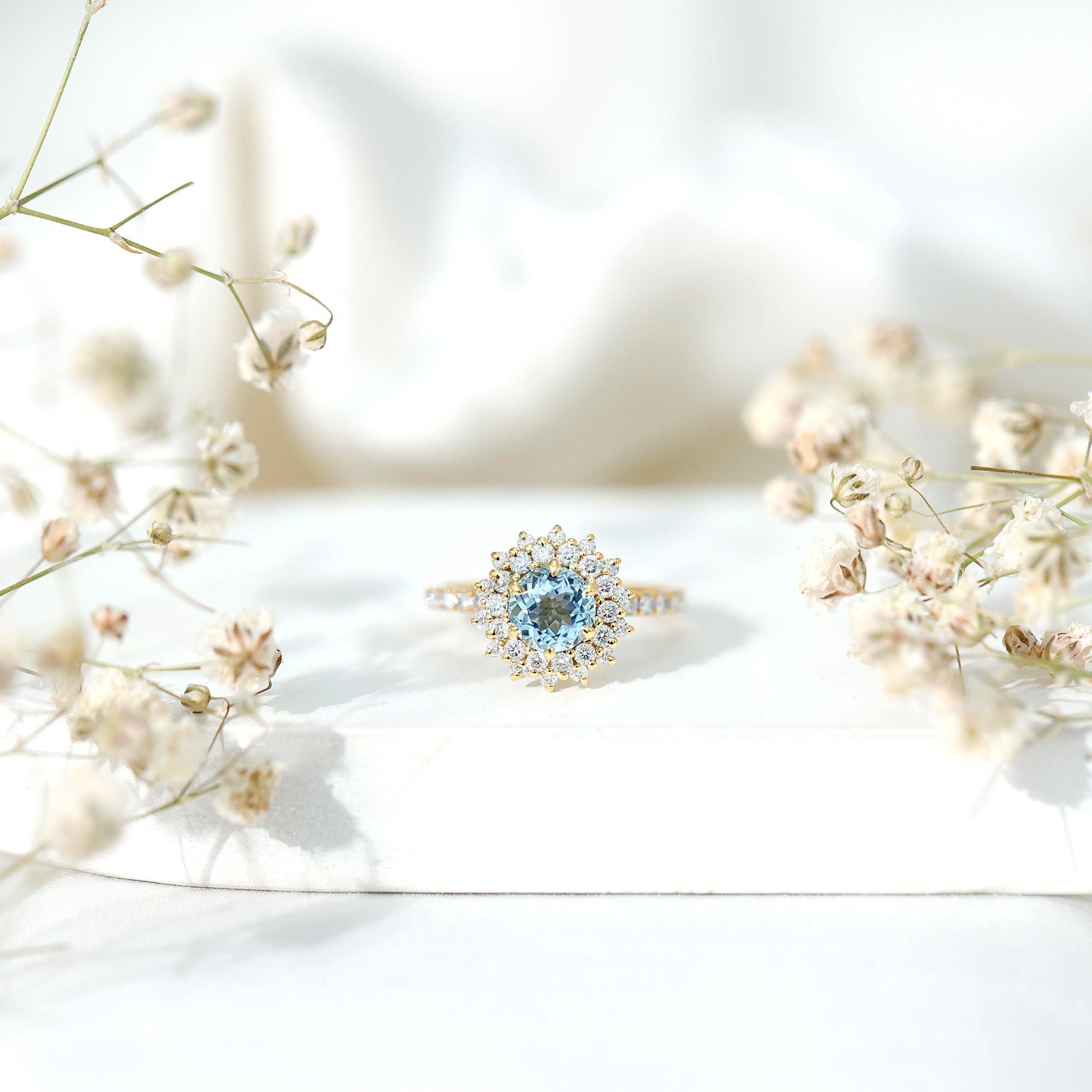 Aquamarine Engagement Ring – Moissanite Halo Cluster With AAA Aquamarine Jewelry