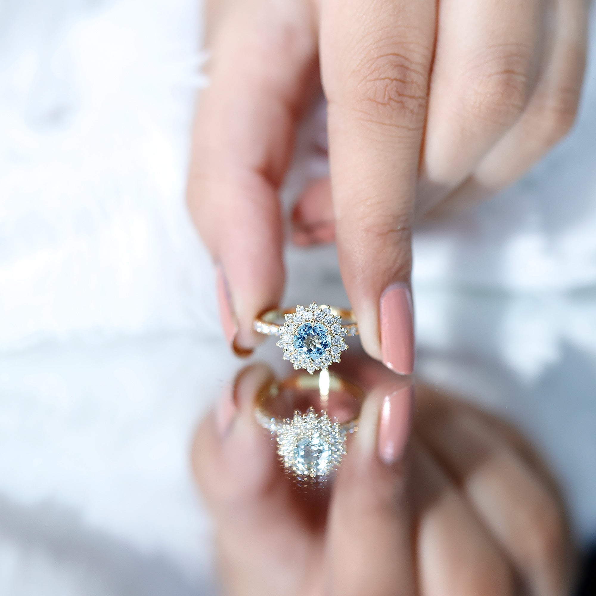 Aquamarine Engagement Ring – Moissanite Halo Cluster With AAA Aquamarine Jewelry