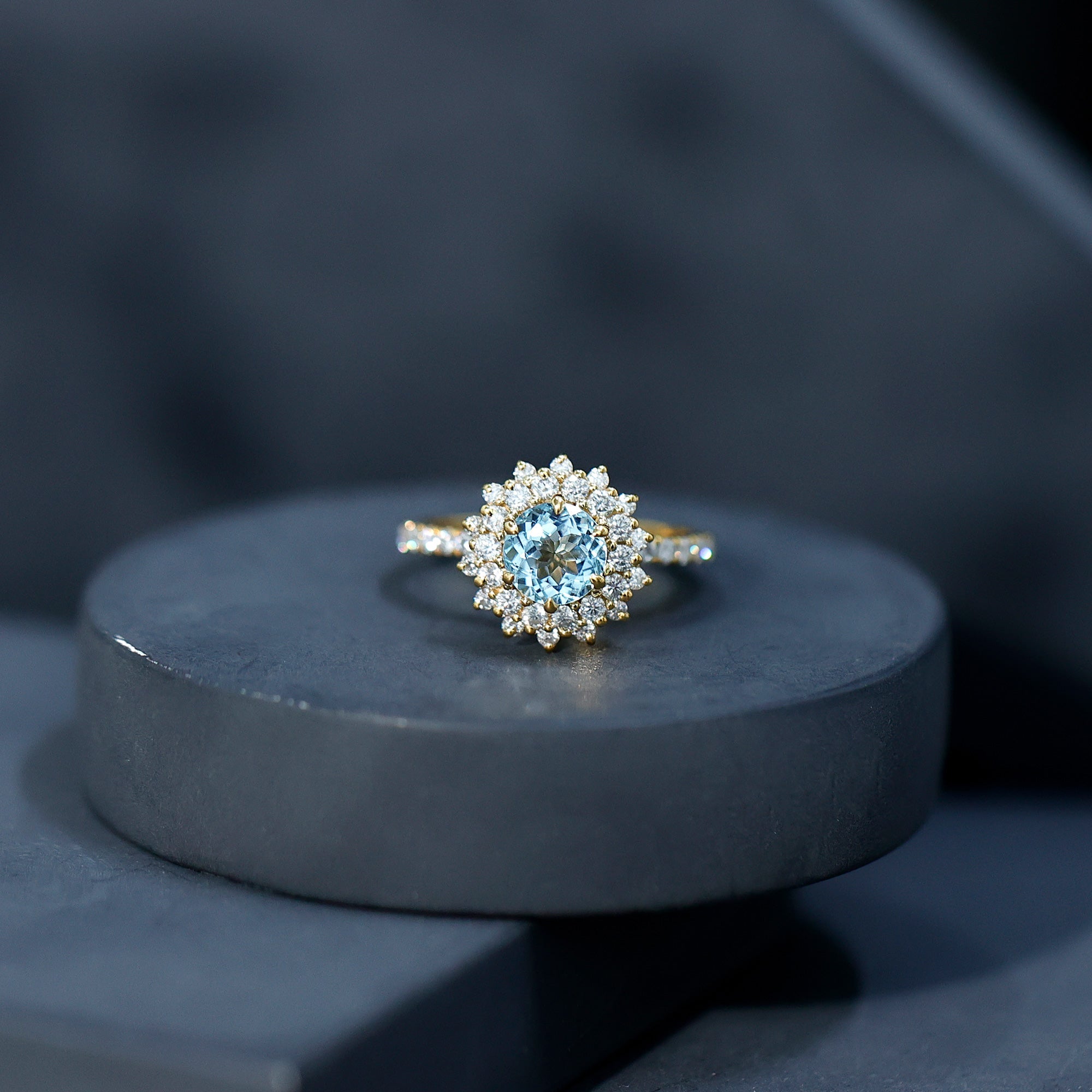 Aquamarine Engagement Ring – Moissanite Halo Cluster With AAA Aquamarine Jewelry