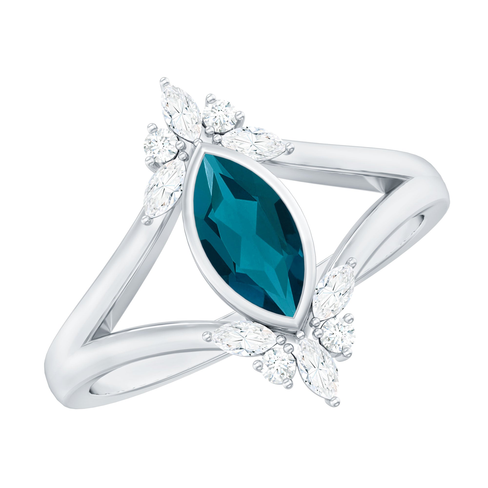 0.7 Carat Marquise Cut London Blue Topaz Cocktail Ring with Diamond