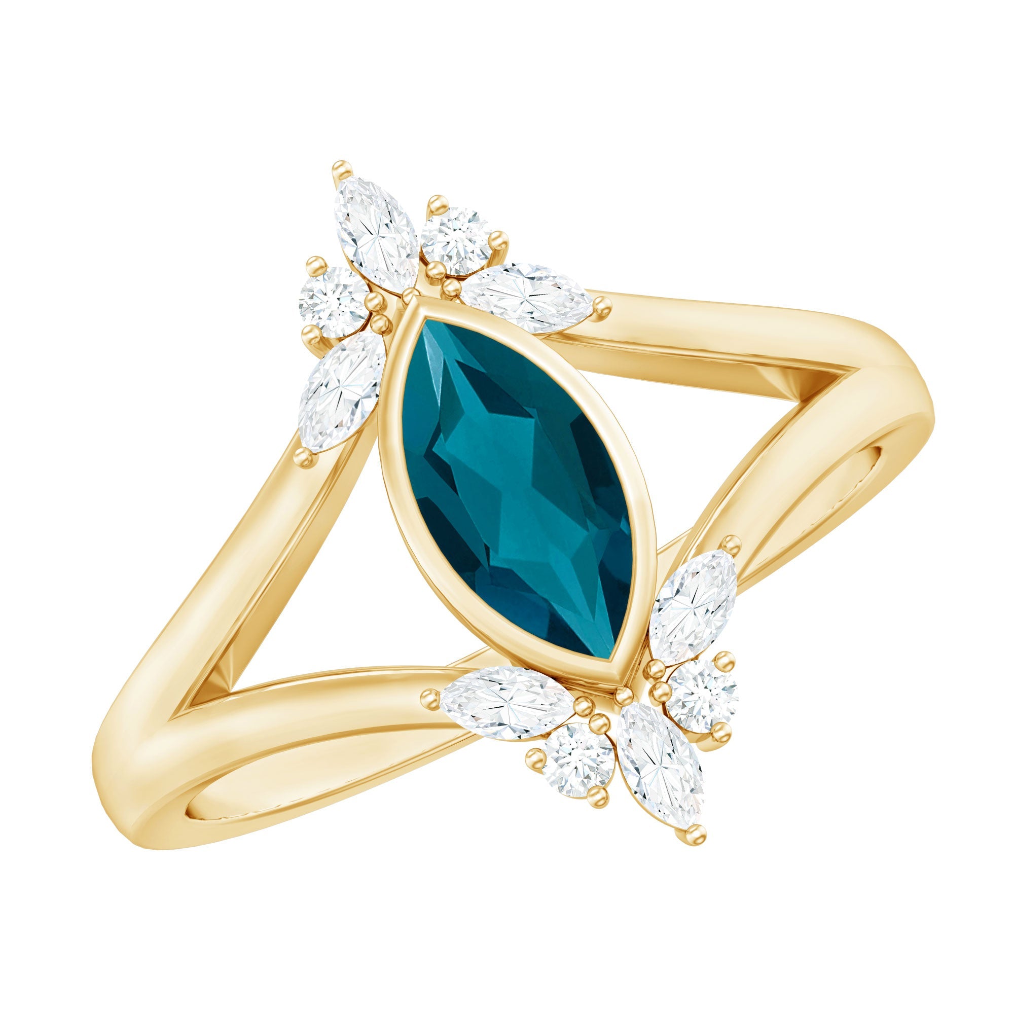 0.7 Carat Marquise Cut London Blue Topaz Cocktail Ring with Diamond
