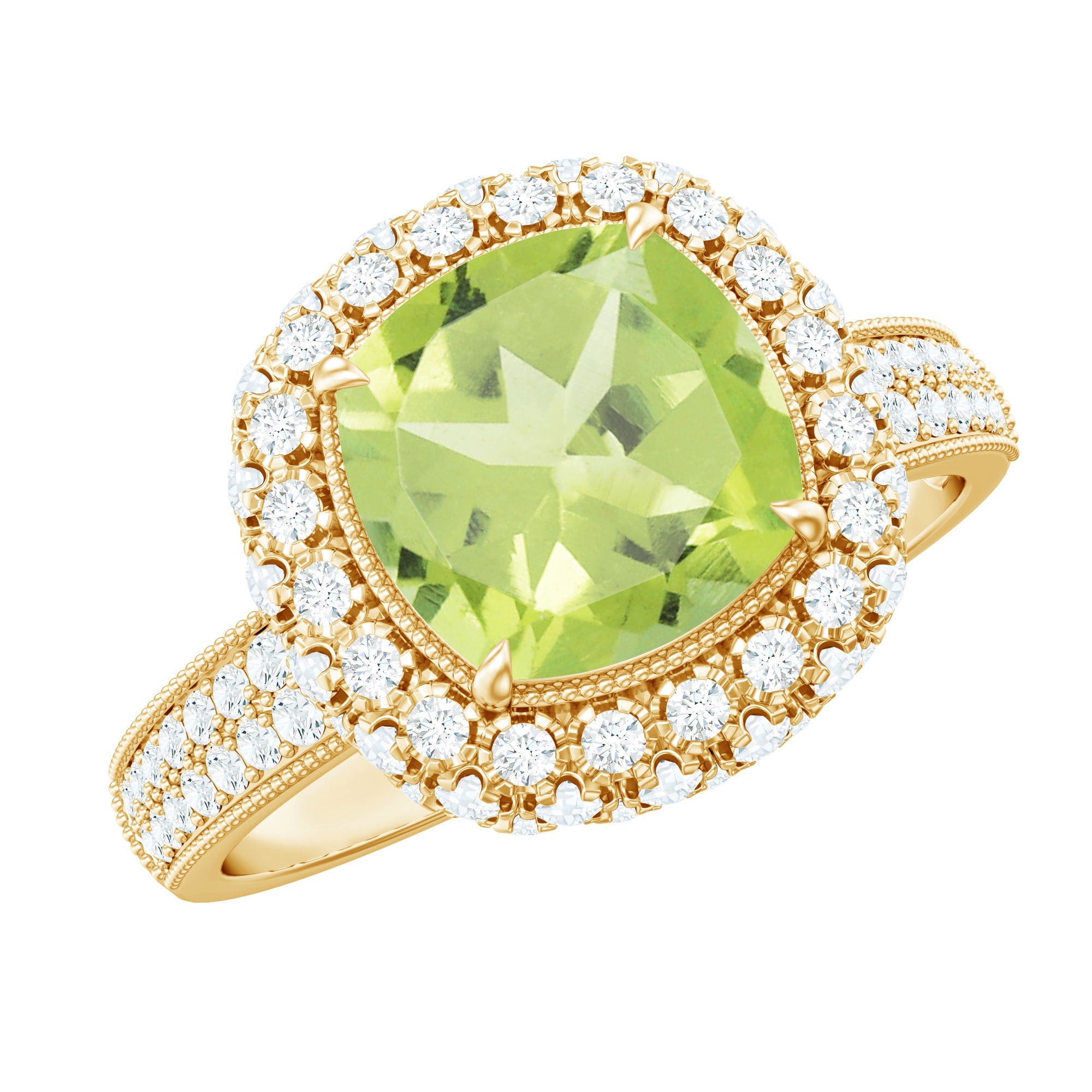 Peridot Engagement Ring – 2 Carat Cushion Cut Green Gemstone with Moissanite Halo Setting