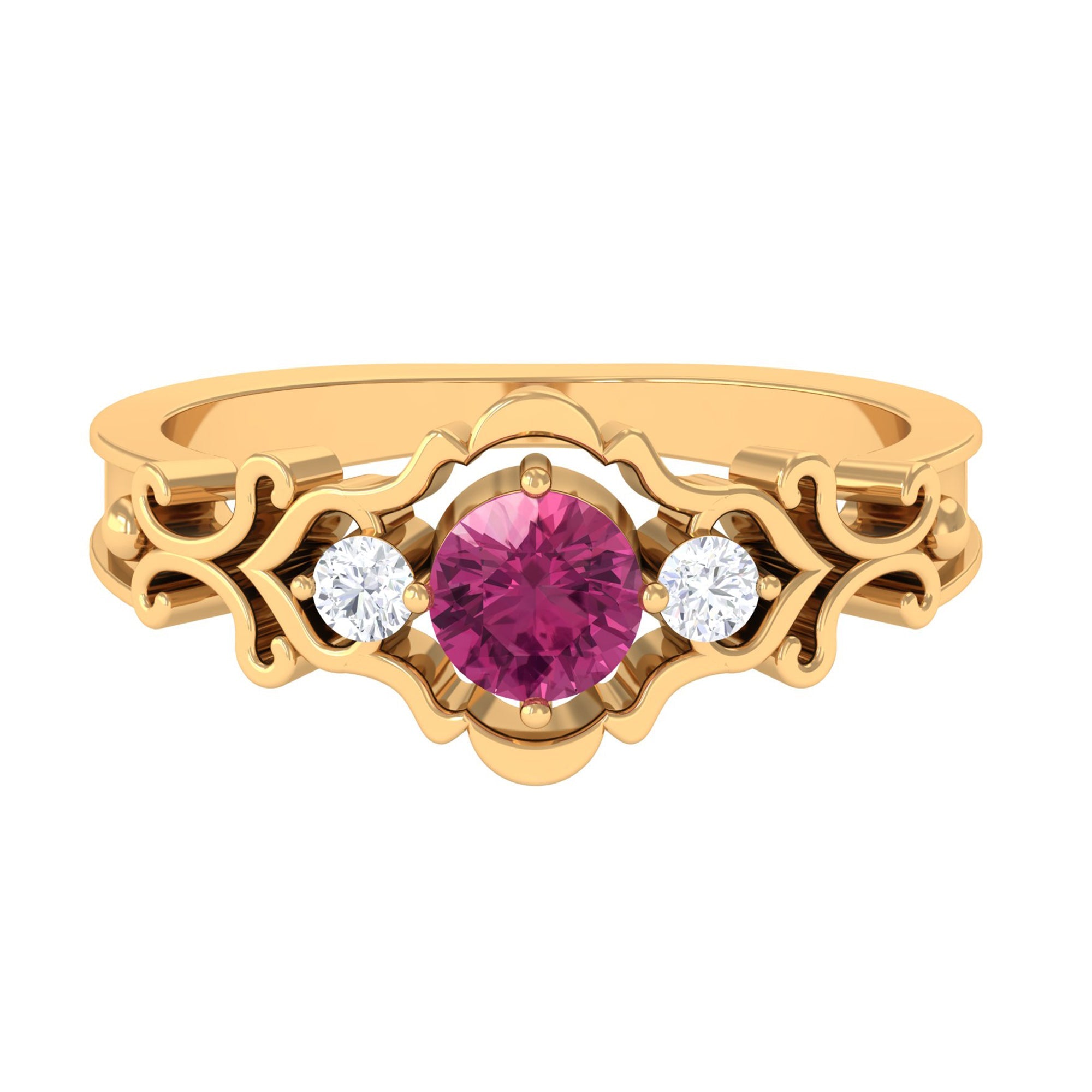Pink Tourmaline Ring - Antique Engagement Ring With Diamond Three Stone Design