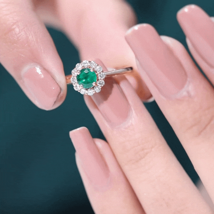 Emerald Engagement Ring - 5mm Round Emerald & Diamond Halo Classic Design