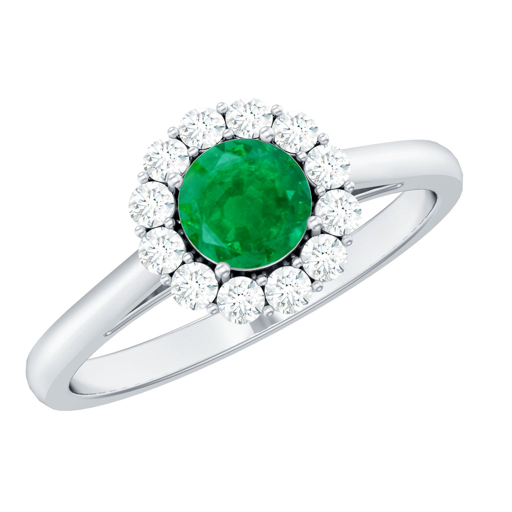 Emerald Engagement Ring - 5mm Round Emerald & Diamond Halo Classic Design
