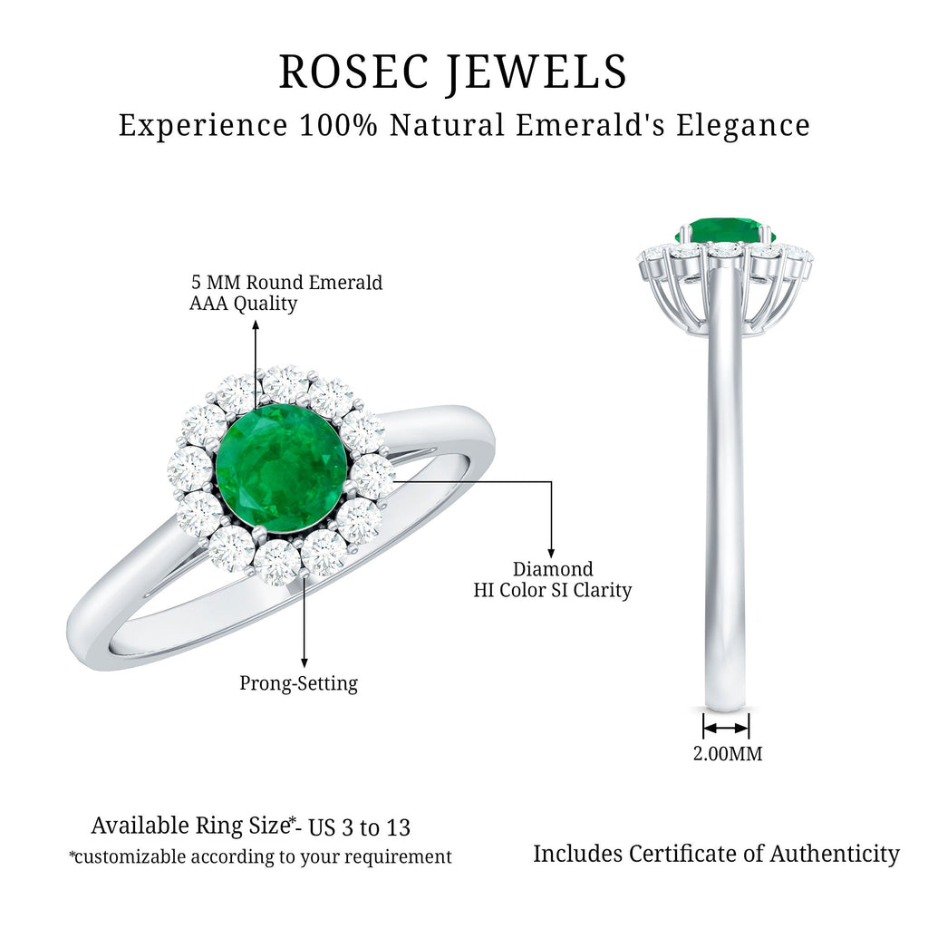 Emerald Engagement Ring - 5mm Round Emerald & Diamond Halo Classic Design