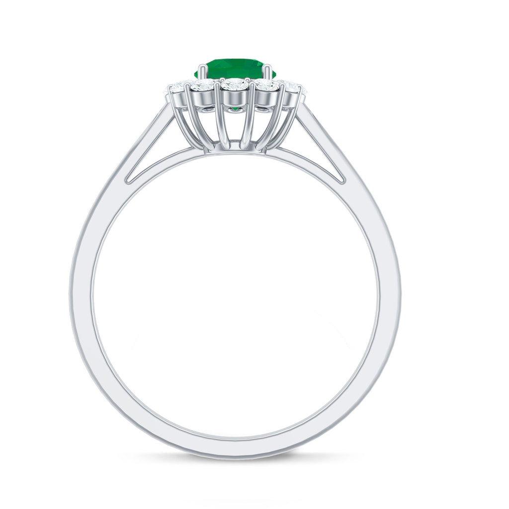 Emerald Engagement Ring - 5mm Round Emerald & Diamond Halo Classic Design
