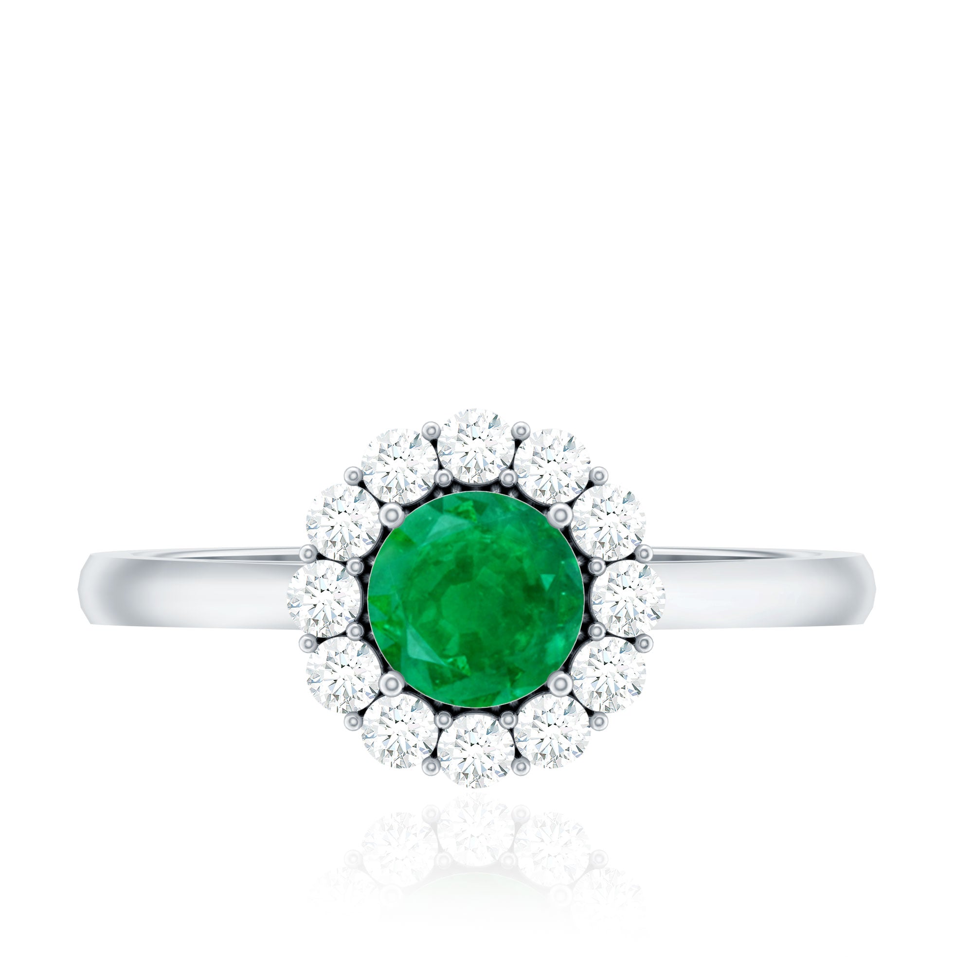 Emerald Engagement Ring - 5mm Round Emerald & Diamond Halo Classic Design