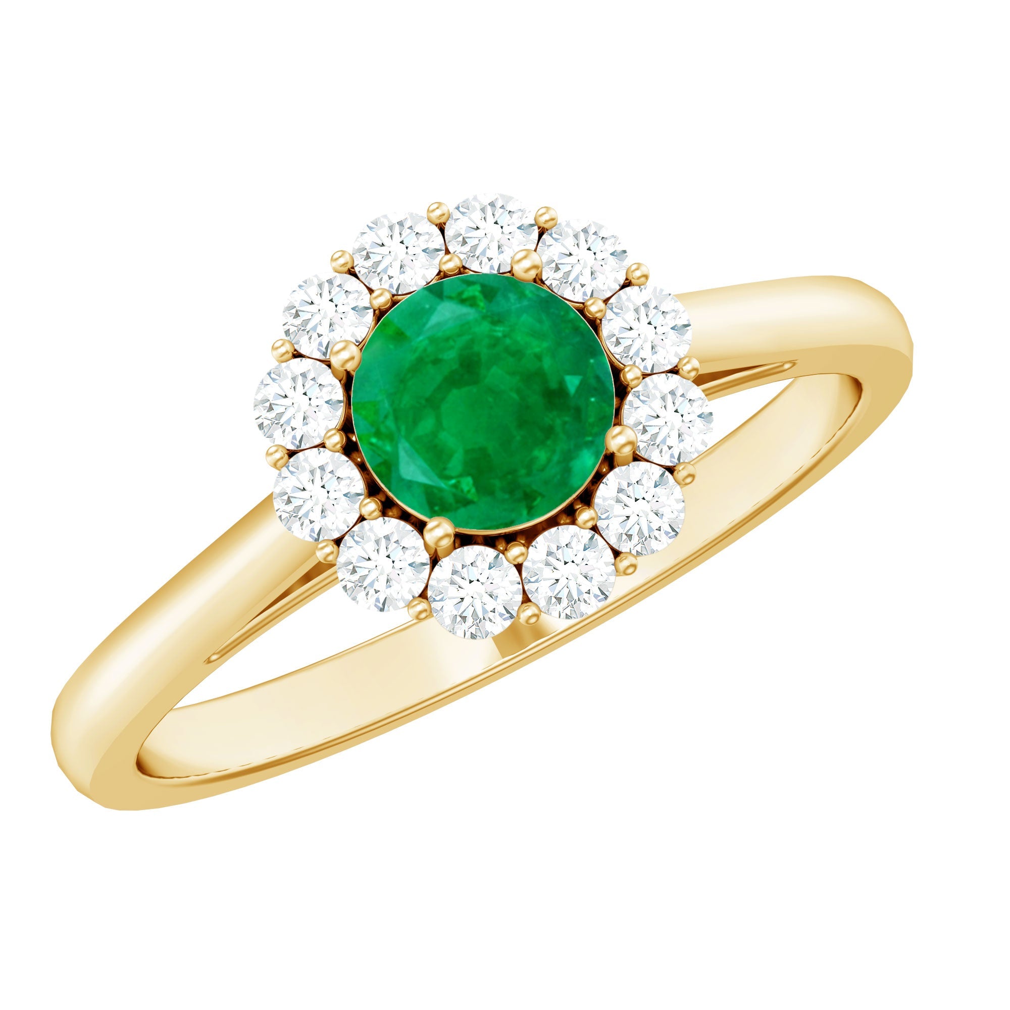 Emerald Engagement Ring - 5mm Round Emerald & Diamond Halo Classic Design