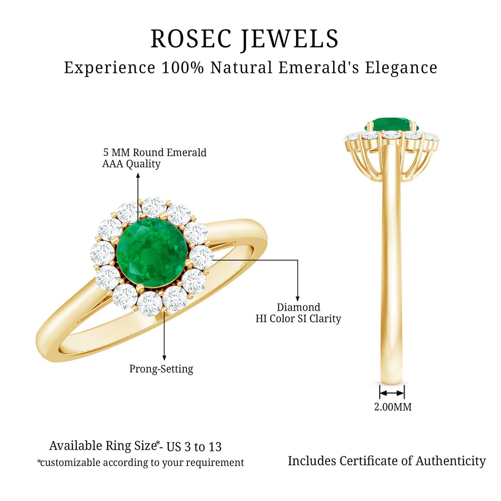 Emerald Engagement Ring - 5mm Round Emerald & Diamond Halo Classic Design