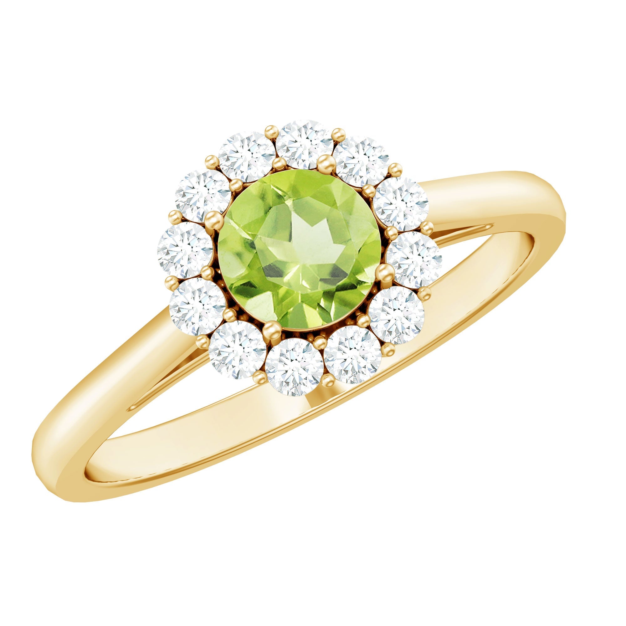 Peridot Engagement Ring – AAA Quality Round Cut Peridot with Diamond Halo