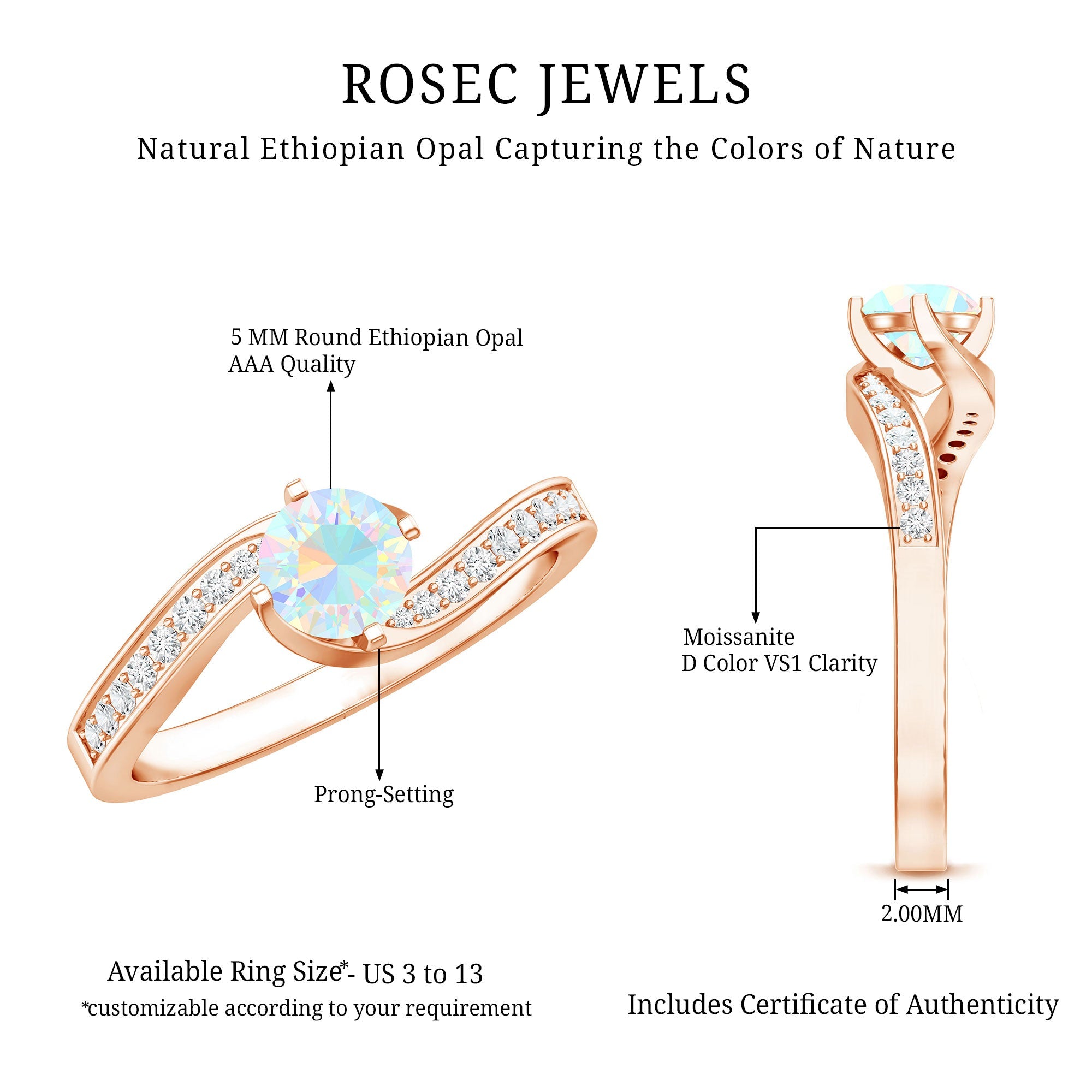 Natural Certified Ethiopian Opal Solitaire Promise Ring with Bypass Shank