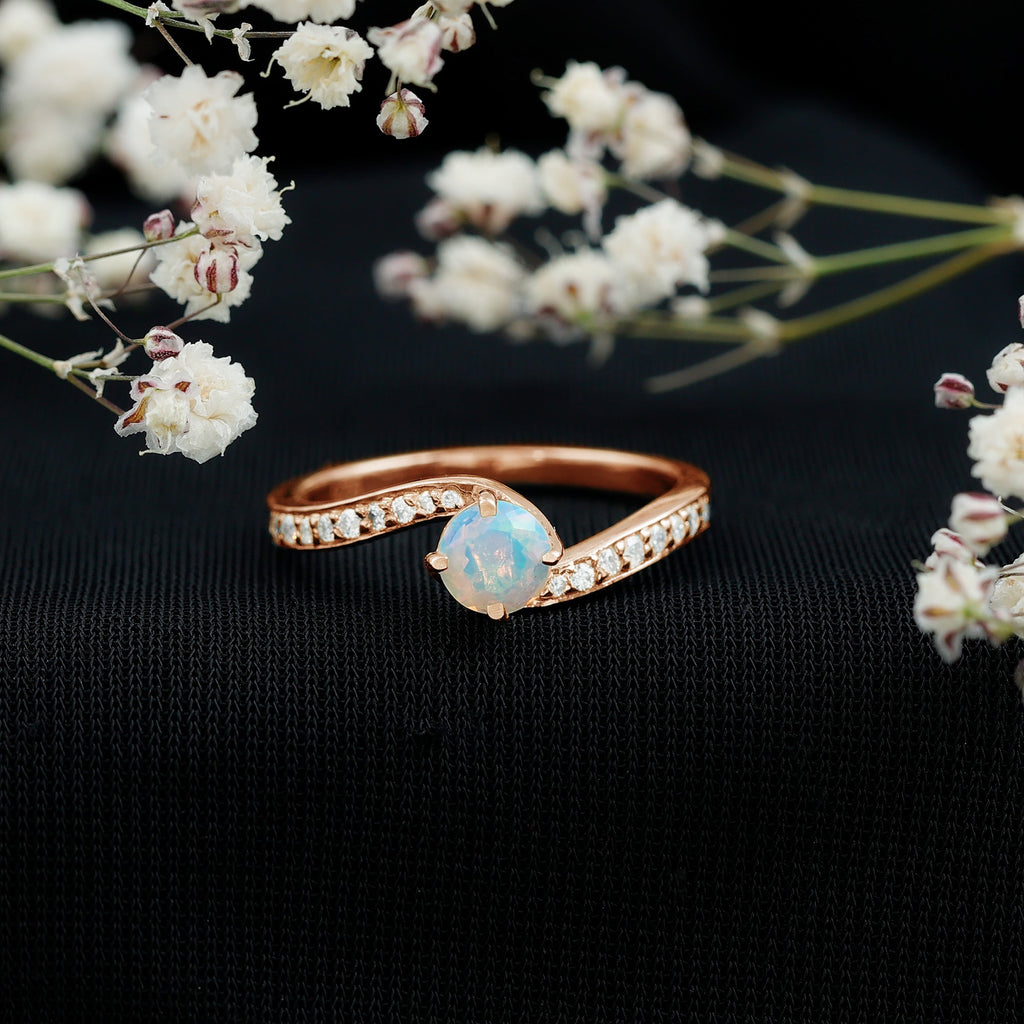 Natural Certified Ethiopian Opal Solitaire Promise Ring with Bypass Shank