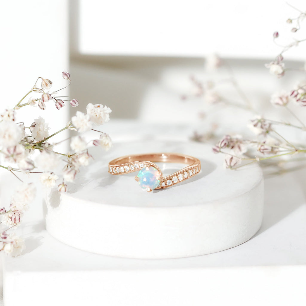 Natural Certified Ethiopian Opal Solitaire Promise Ring with Bypass Shank