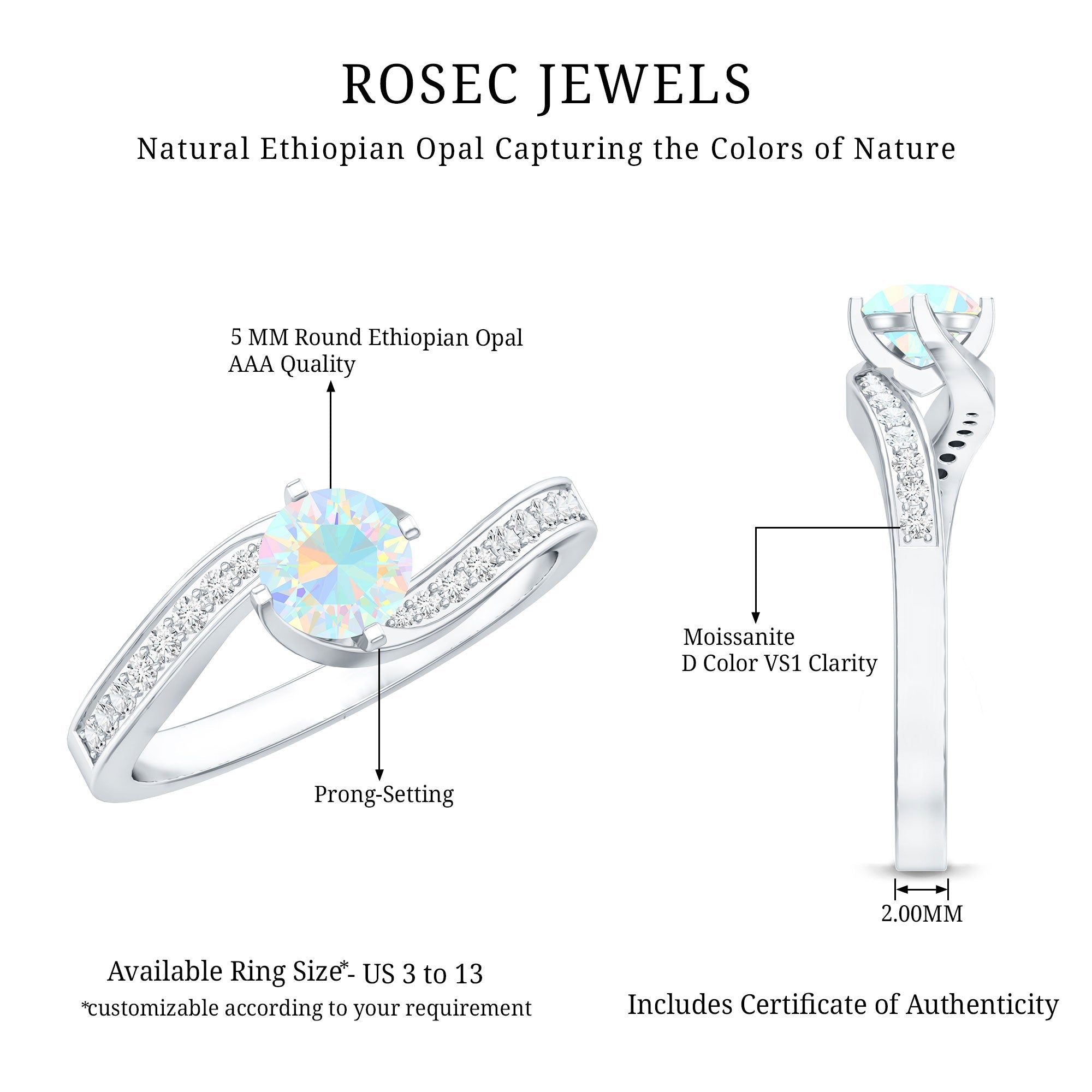 Natural Certified Ethiopian Opal Solitaire Promise Ring with Bypass Shank