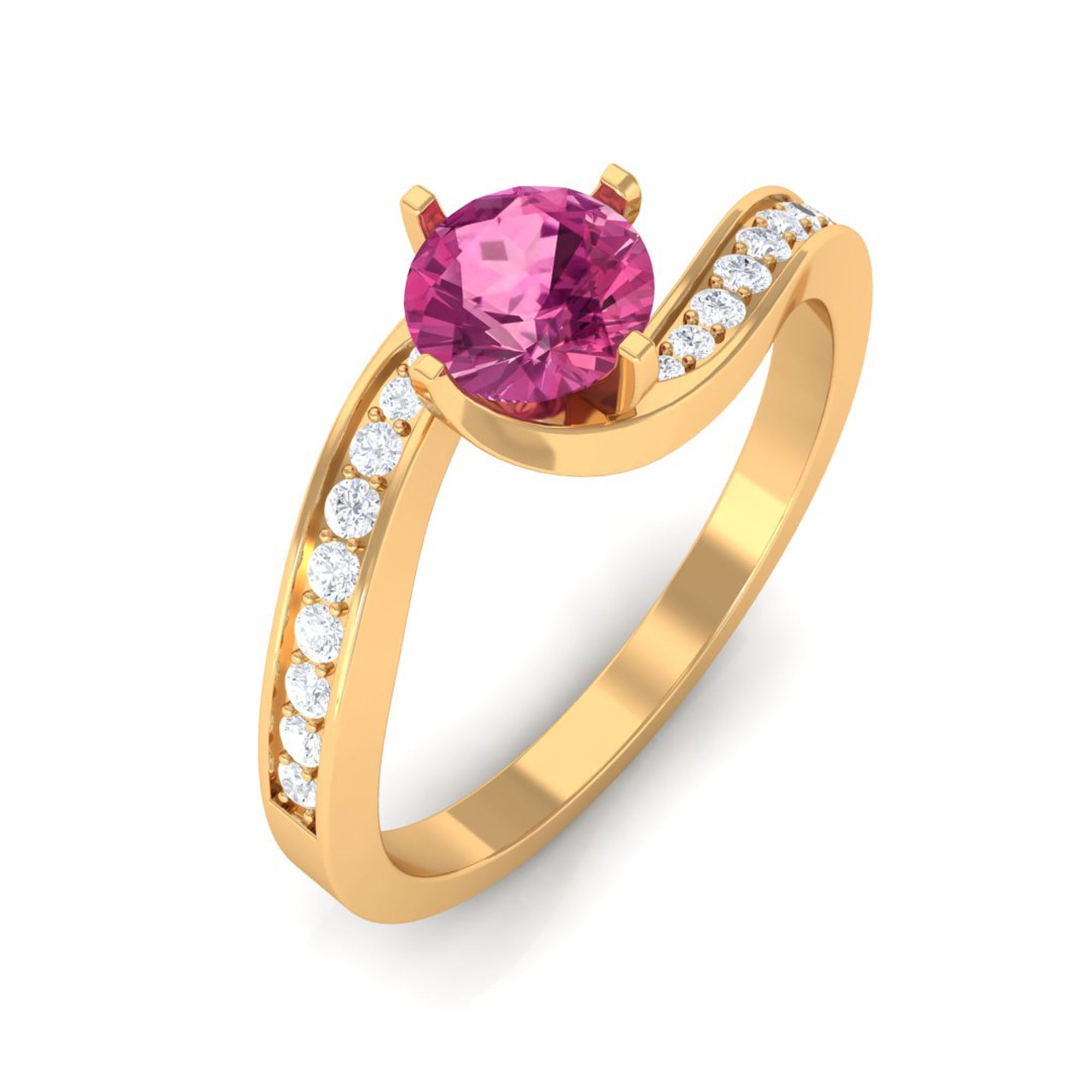 Pink Tourmaline Ring – Solitaire Bypass Design with Diamonds | Rosec Jewels