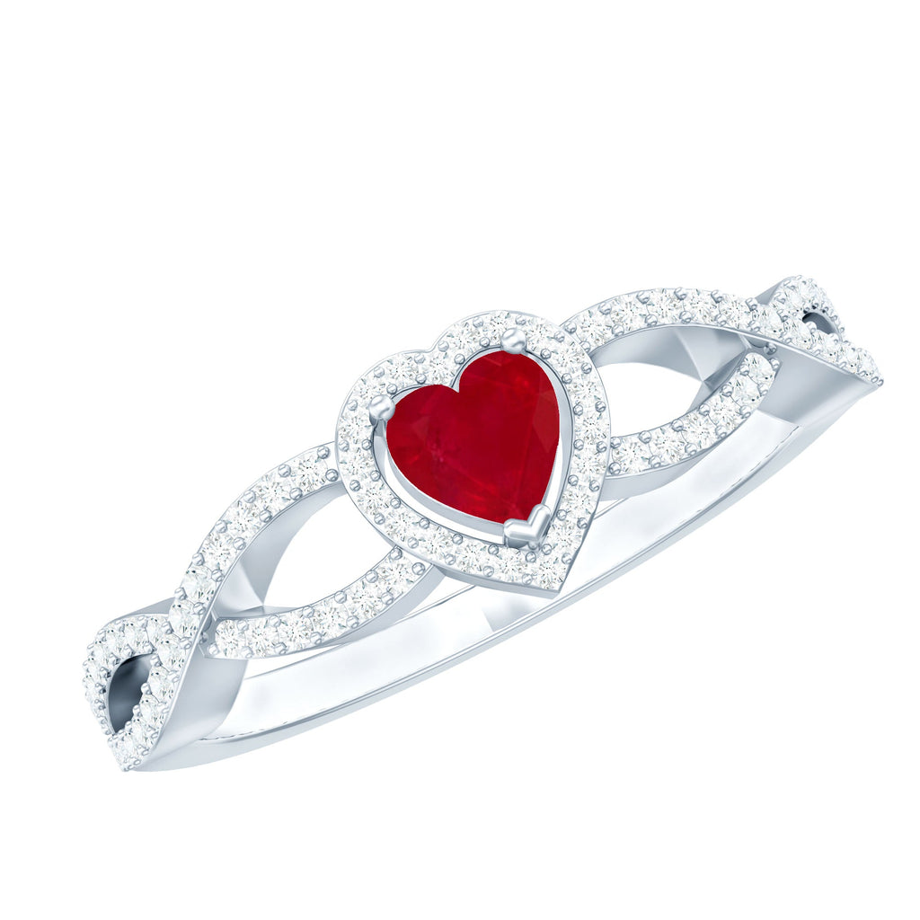 Ruby Heart Promise Ring - Diamond Halo Ring with Elegant Crossover Shank Design