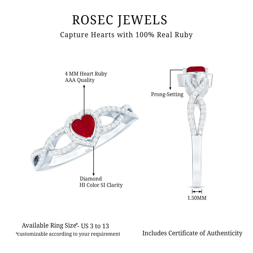 Ruby Heart Promise Ring - Diamond Halo Ring with Elegant Crossover Shank Design