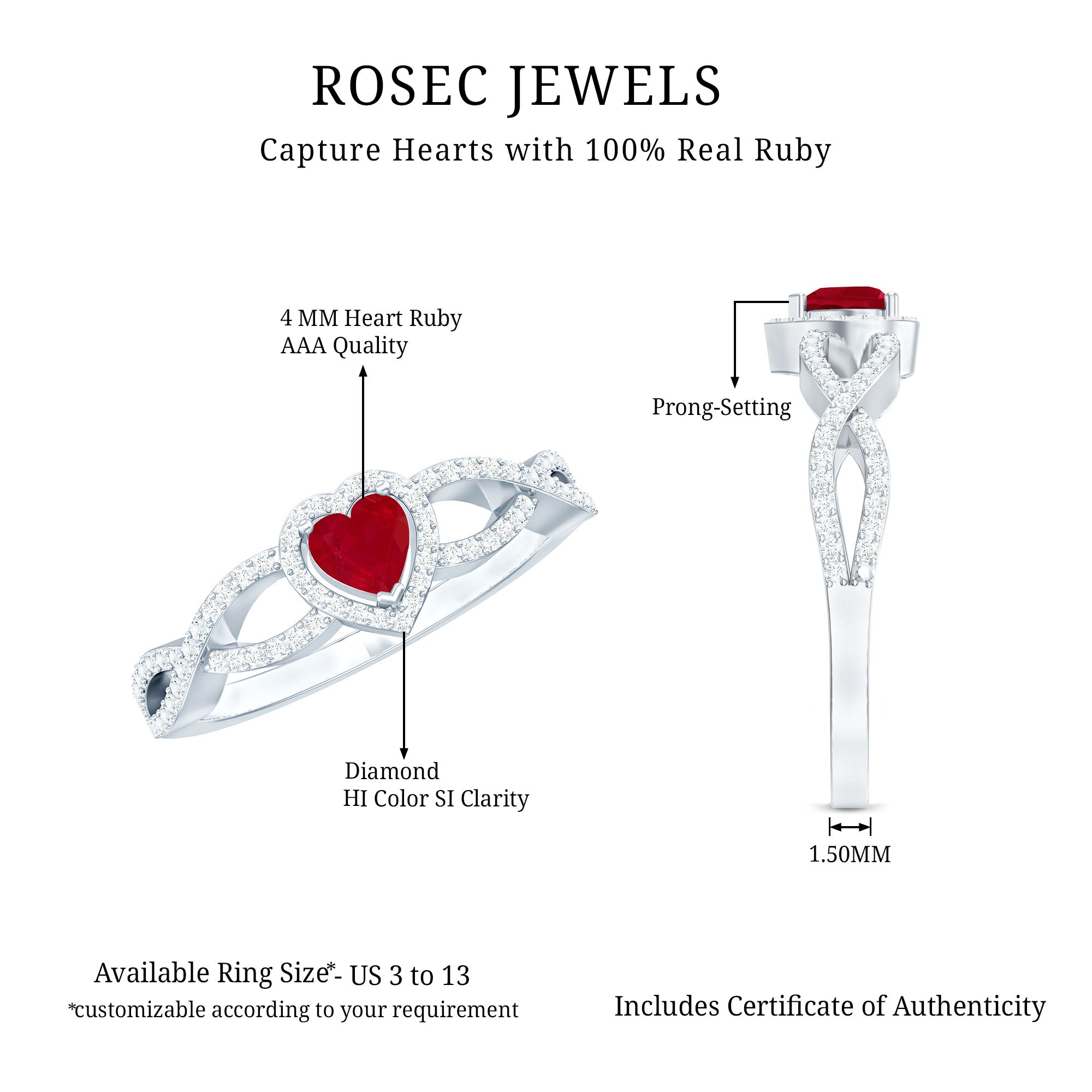 Ruby Heart Promise Ring - Diamond Halo Ring with Elegant Crossover Shank Design
