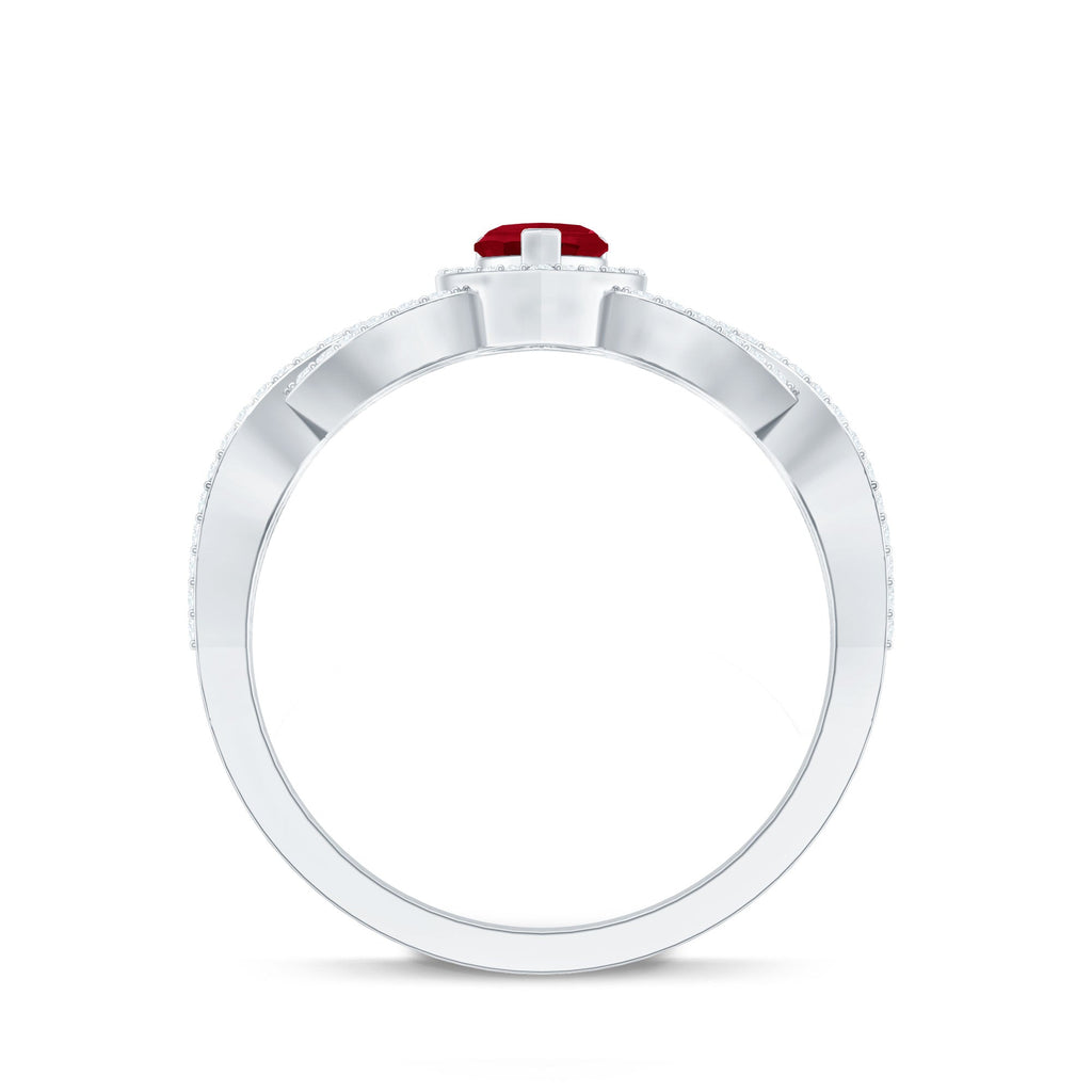 Ruby Heart Promise Ring - Diamond Halo Ring with Elegant Crossover Shank Design