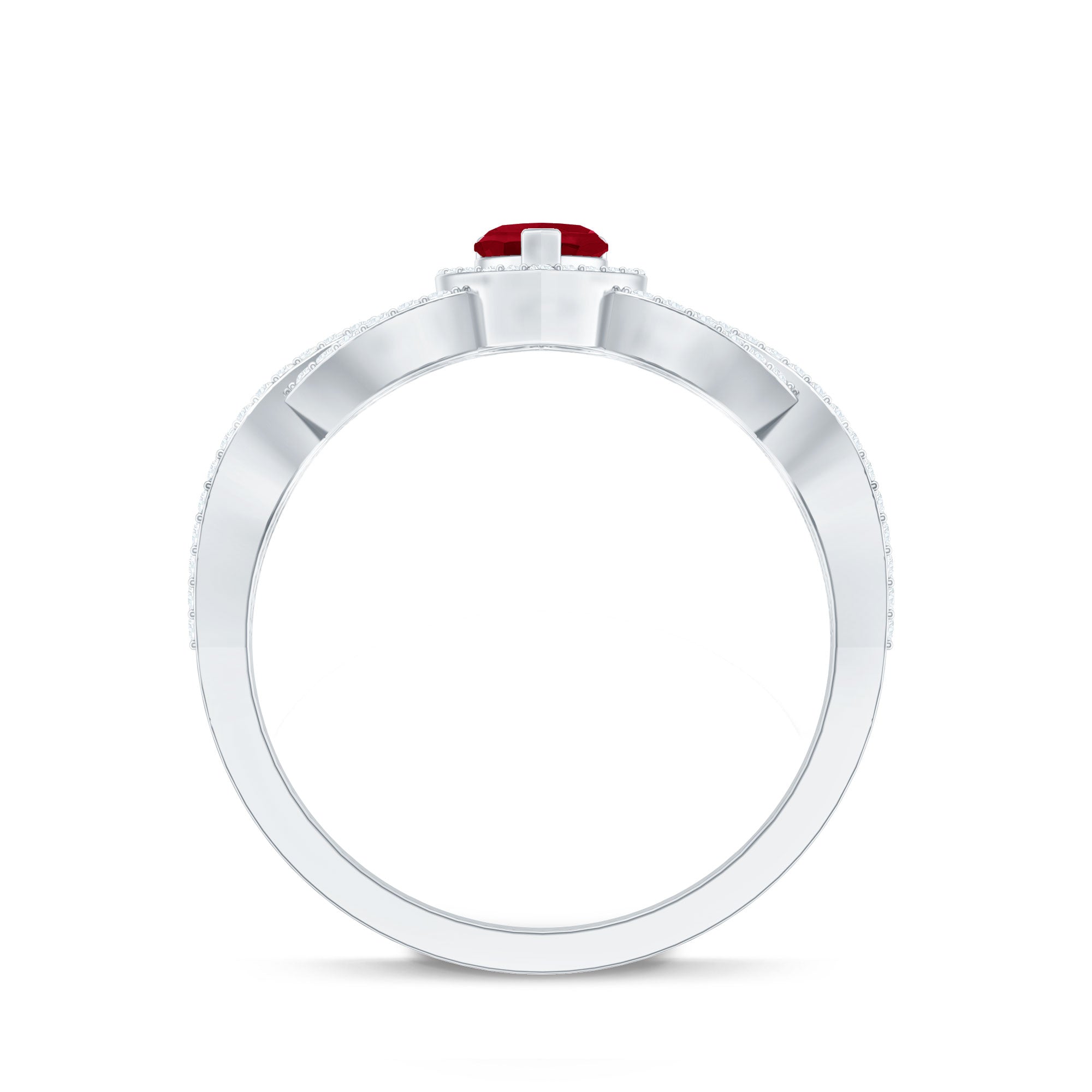 Ruby Heart Promise Ring - Diamond Halo Ring with Elegant Crossover Shank Design