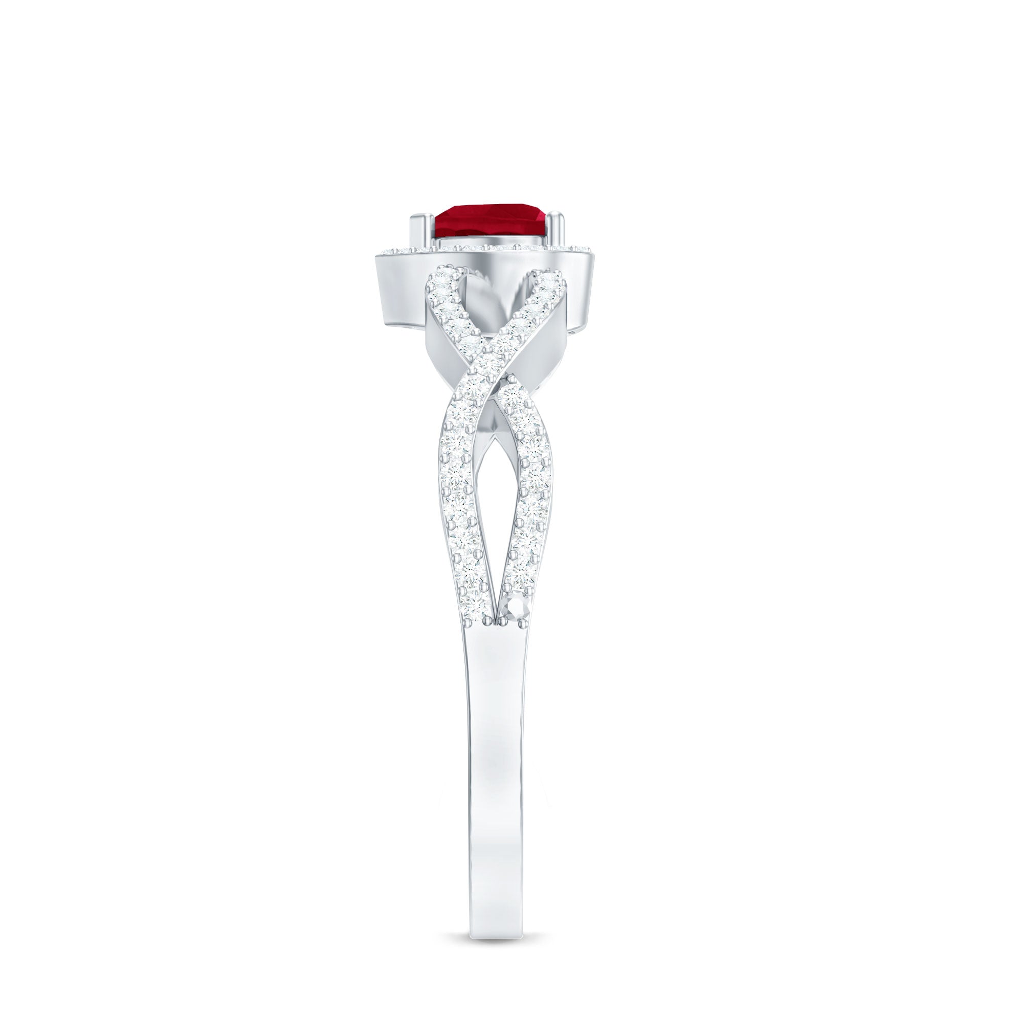 Ruby Heart Promise Ring - Diamond Halo Ring with Elegant Crossover Shank Design