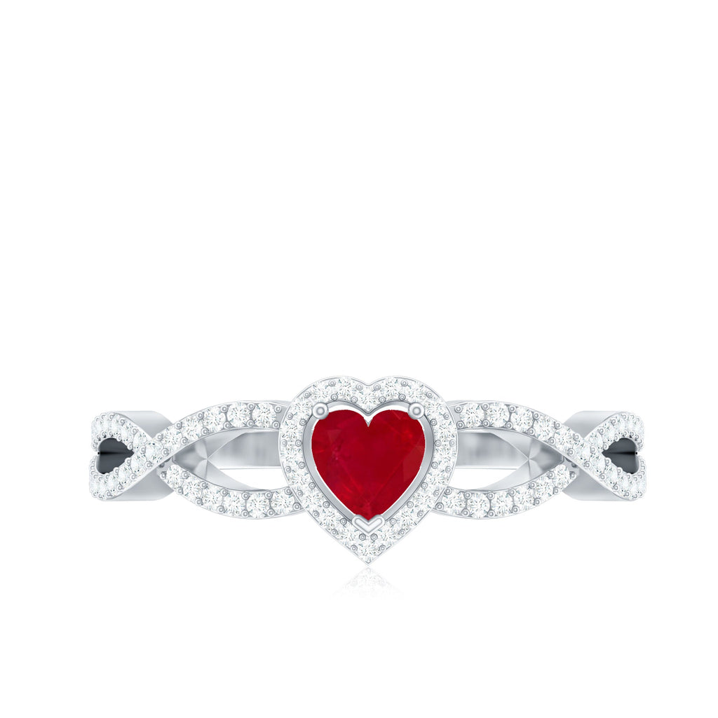 Ruby Heart Promise Ring - Diamond Halo Ring with Elegant Crossover Shank Design