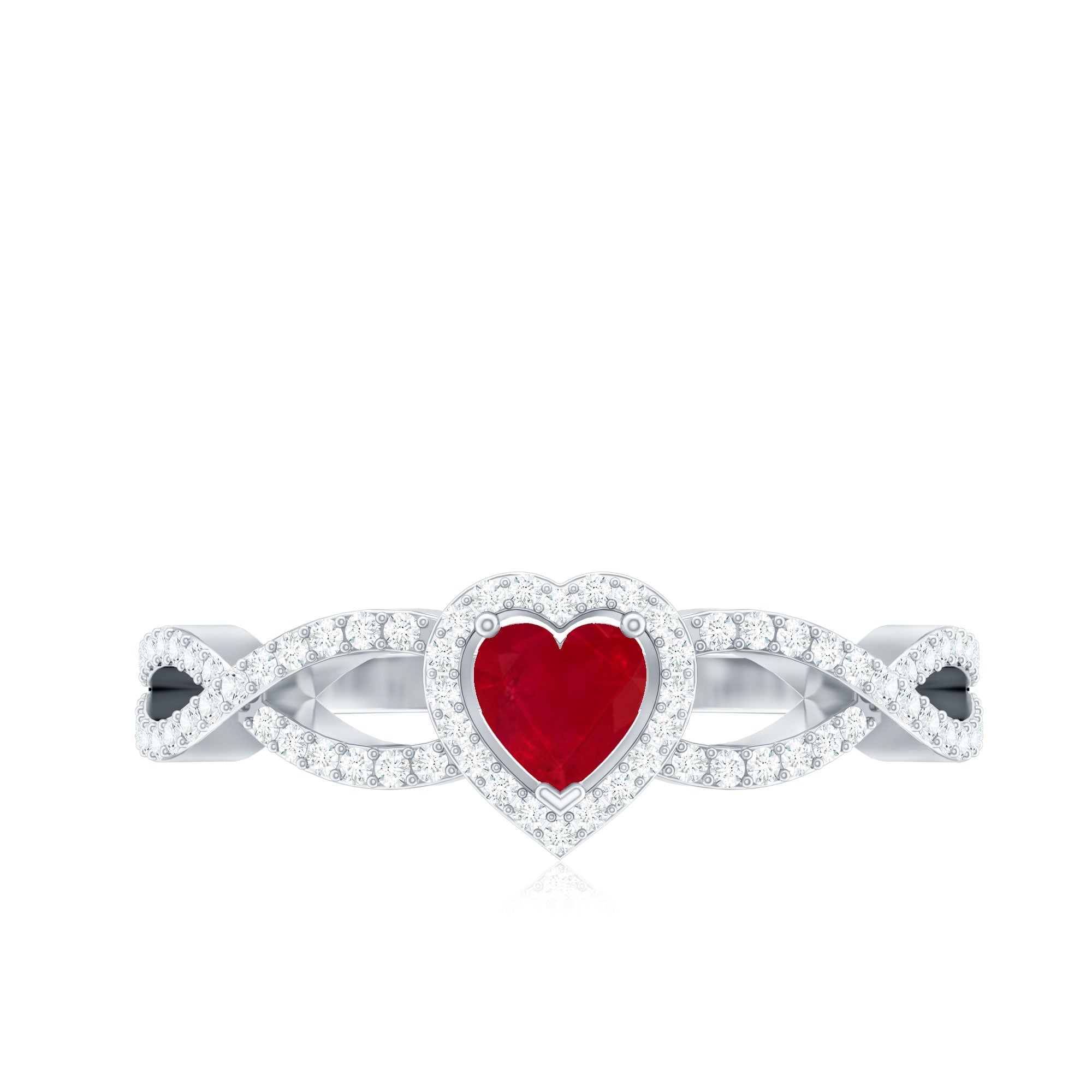 Ruby Heart Promise Ring - Diamond Halo Ring with Elegant Crossover Shank Design