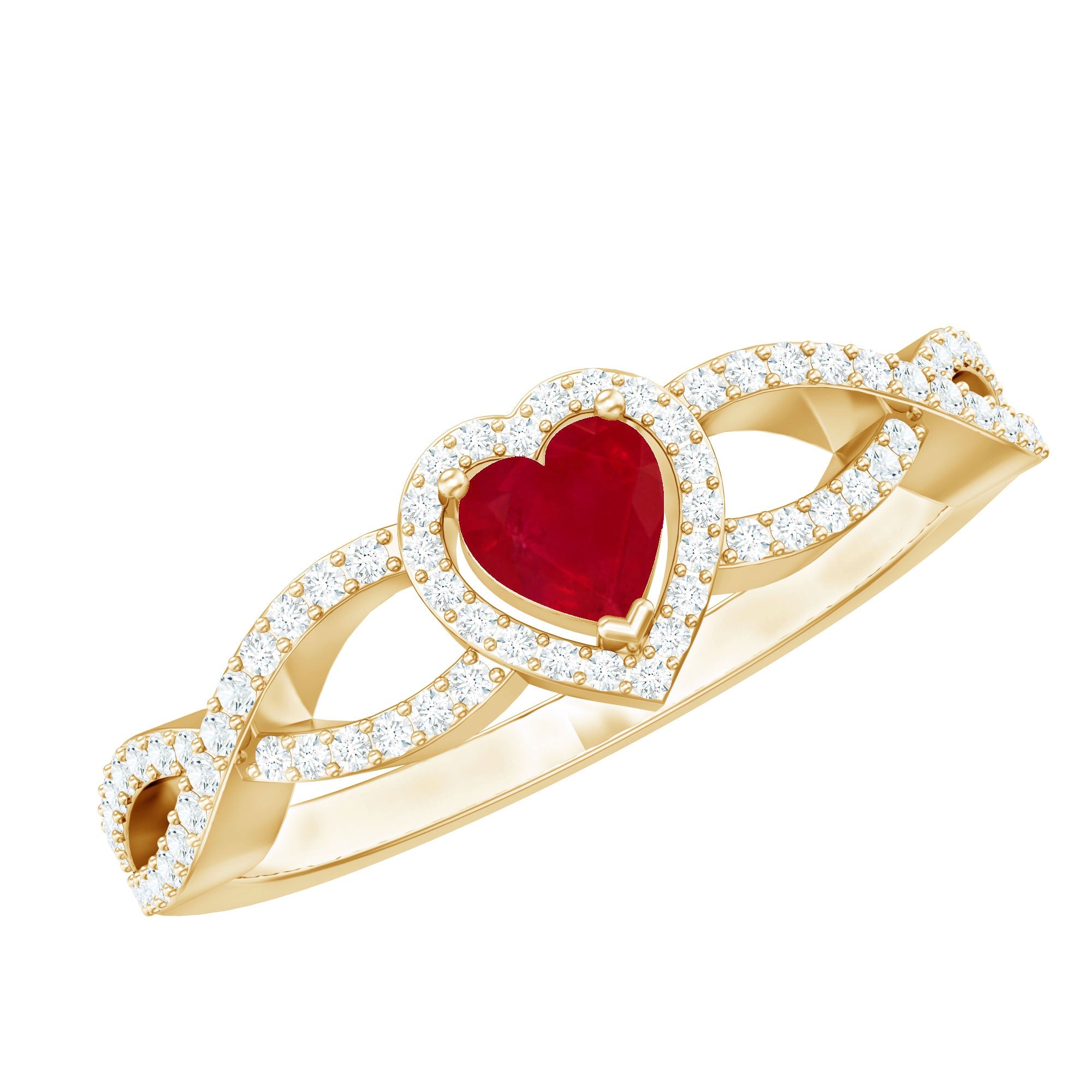 Ruby Heart Promise Ring - Diamond Halo Ring with Elegant Crossover Shank Design