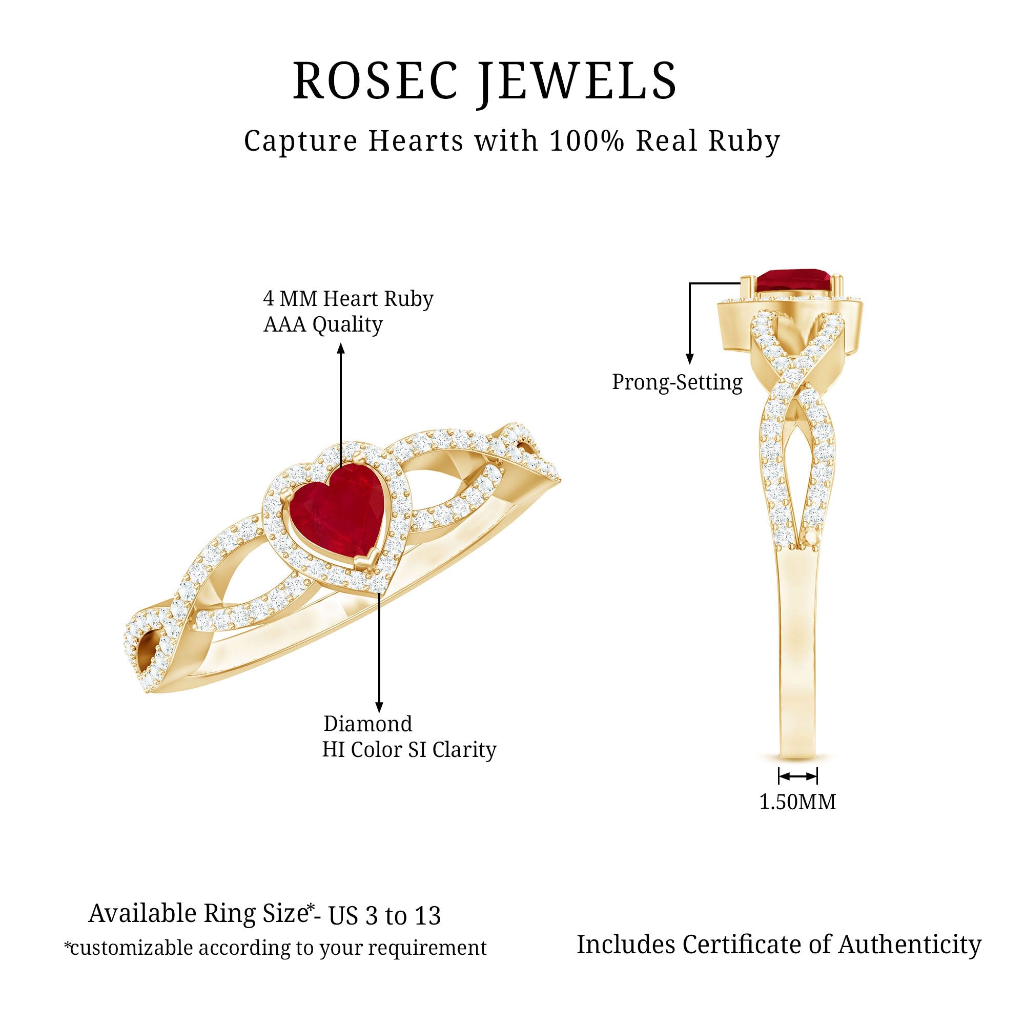 Ruby Heart Promise Ring - Diamond Halo Ring with Elegant Crossover Shank Design