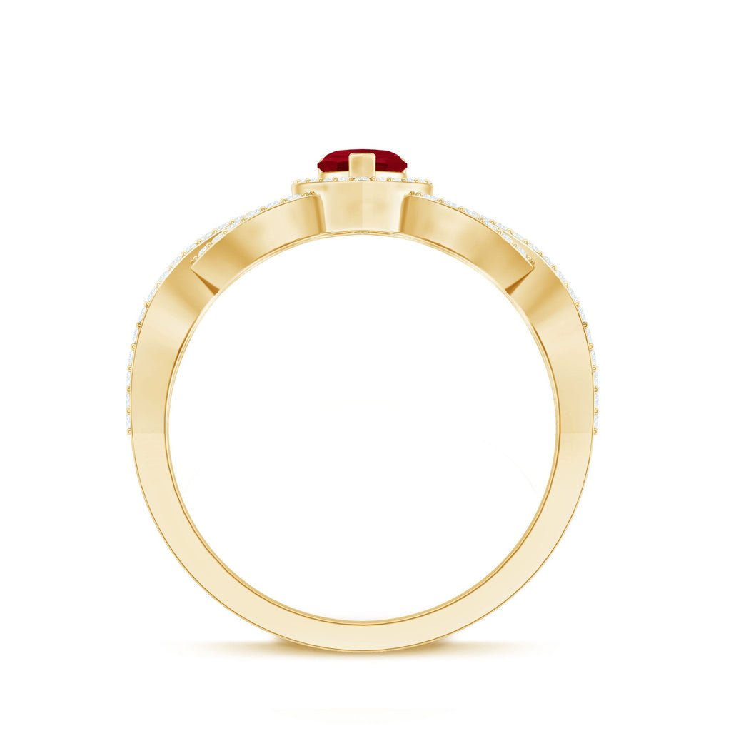 Ruby Heart Promise Ring - Diamond Halo Ring with Elegant Crossover Shank Design