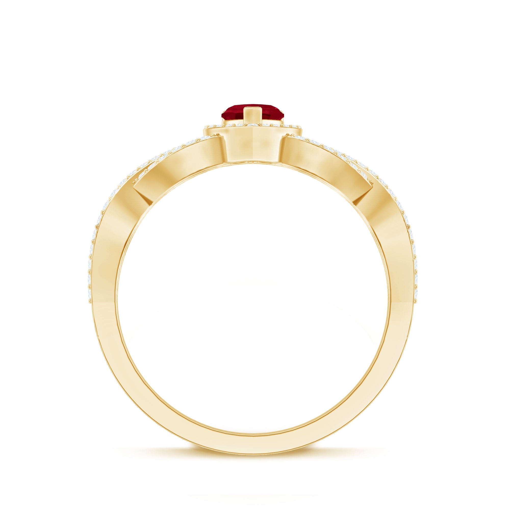 Ruby Heart Promise Ring - Diamond Halo Ring with Elegant Crossover Shank Design
