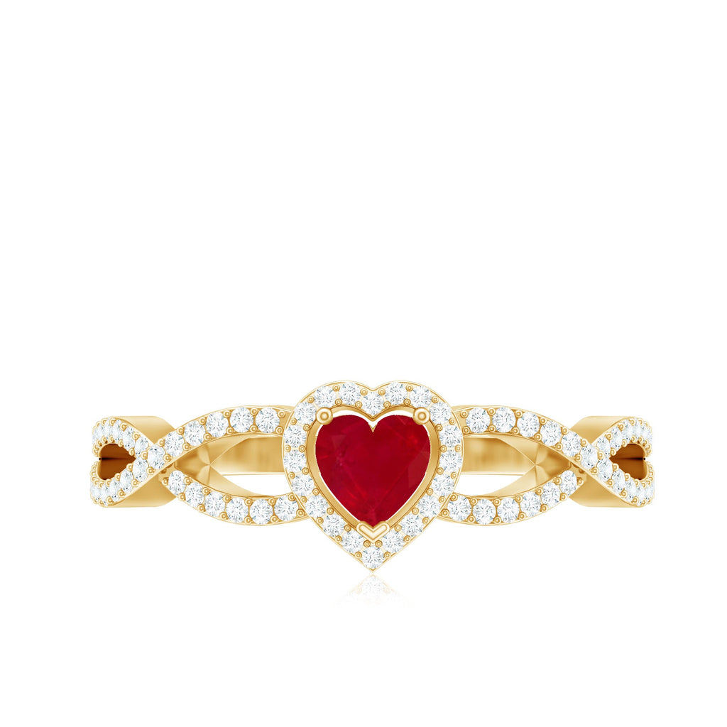 Ruby Heart Promise Ring - Diamond Halo Ring with Elegant Crossover Shank Design