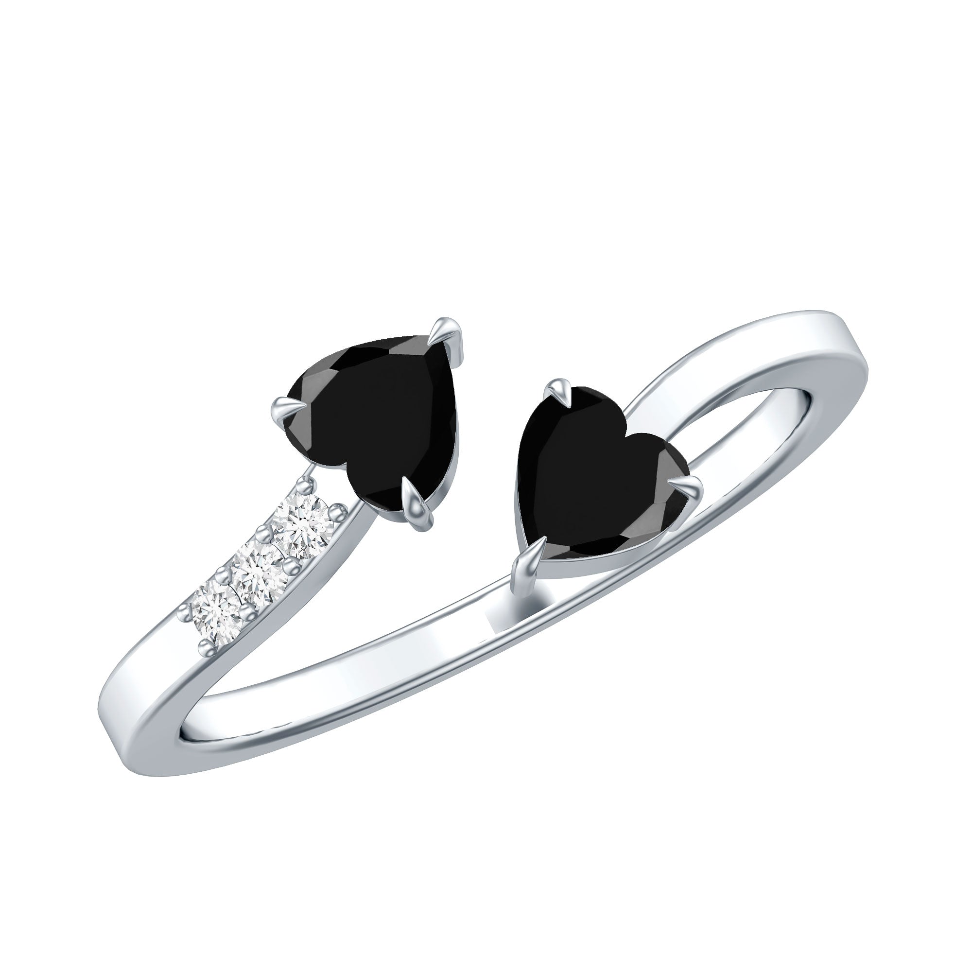 Genuine Black Onyx Double Heart Promise Ring with Diamond