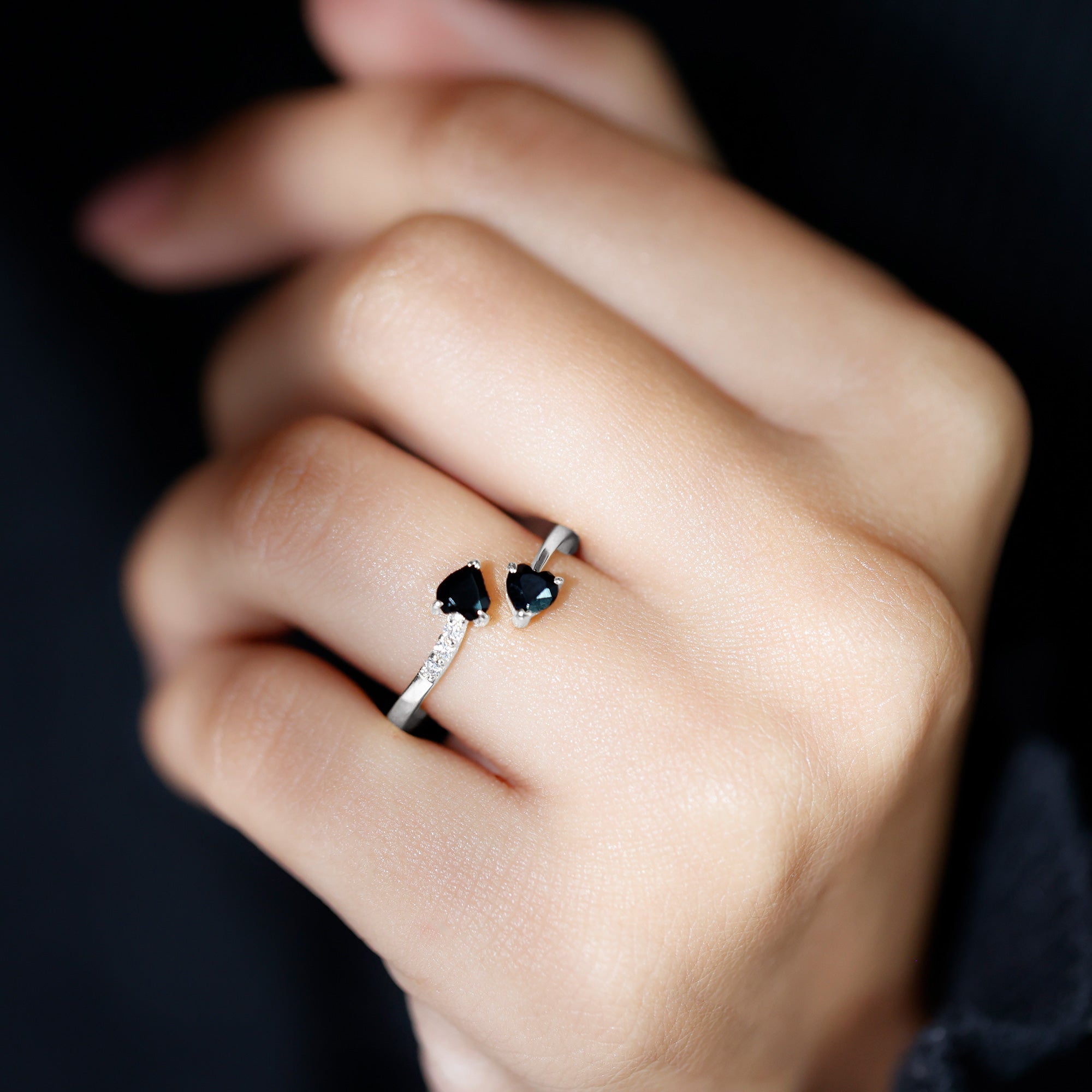Genuine Black Onyx Double Heart Promise Ring with Diamond
