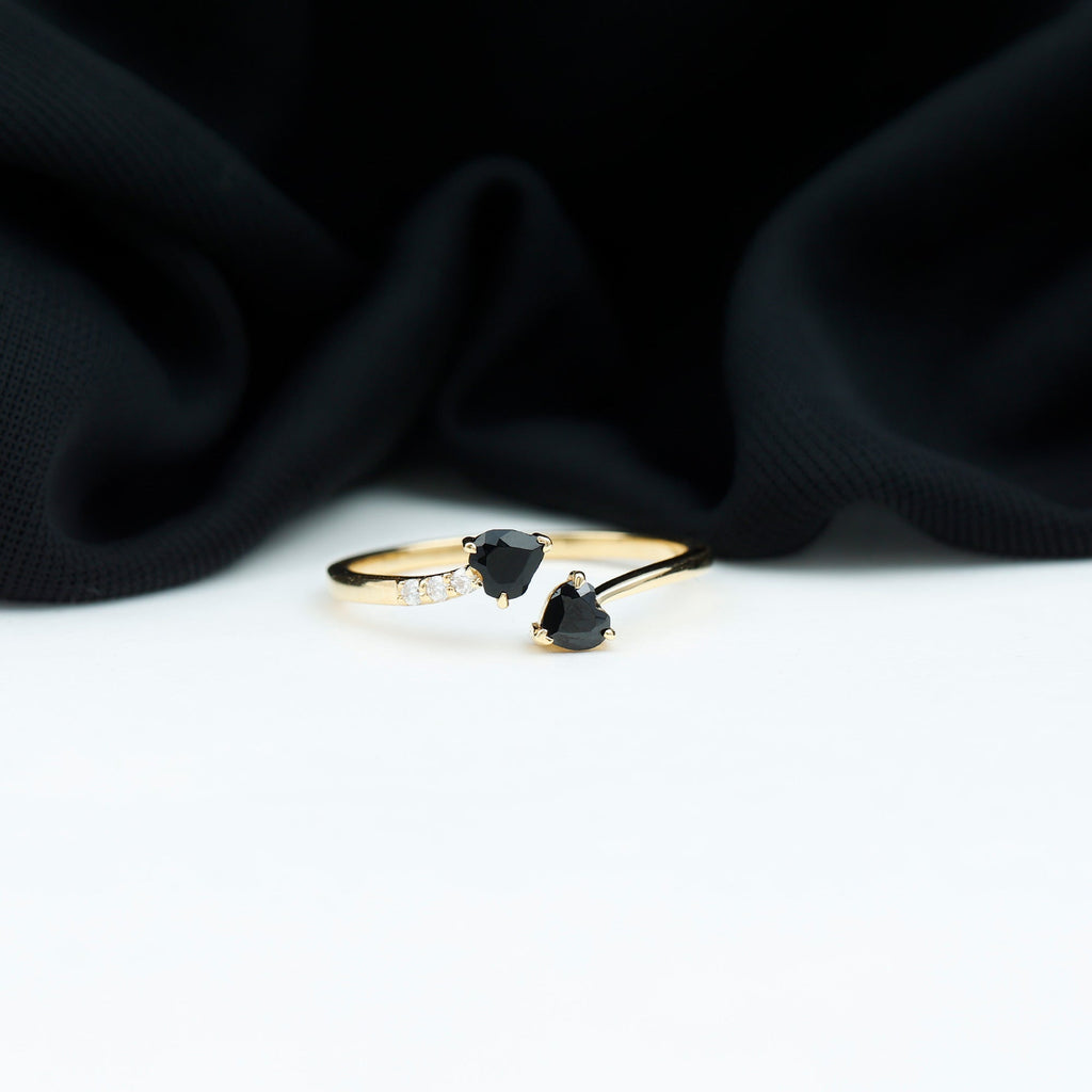 Genuine Black Onyx Double Heart Promise Ring with Diamond