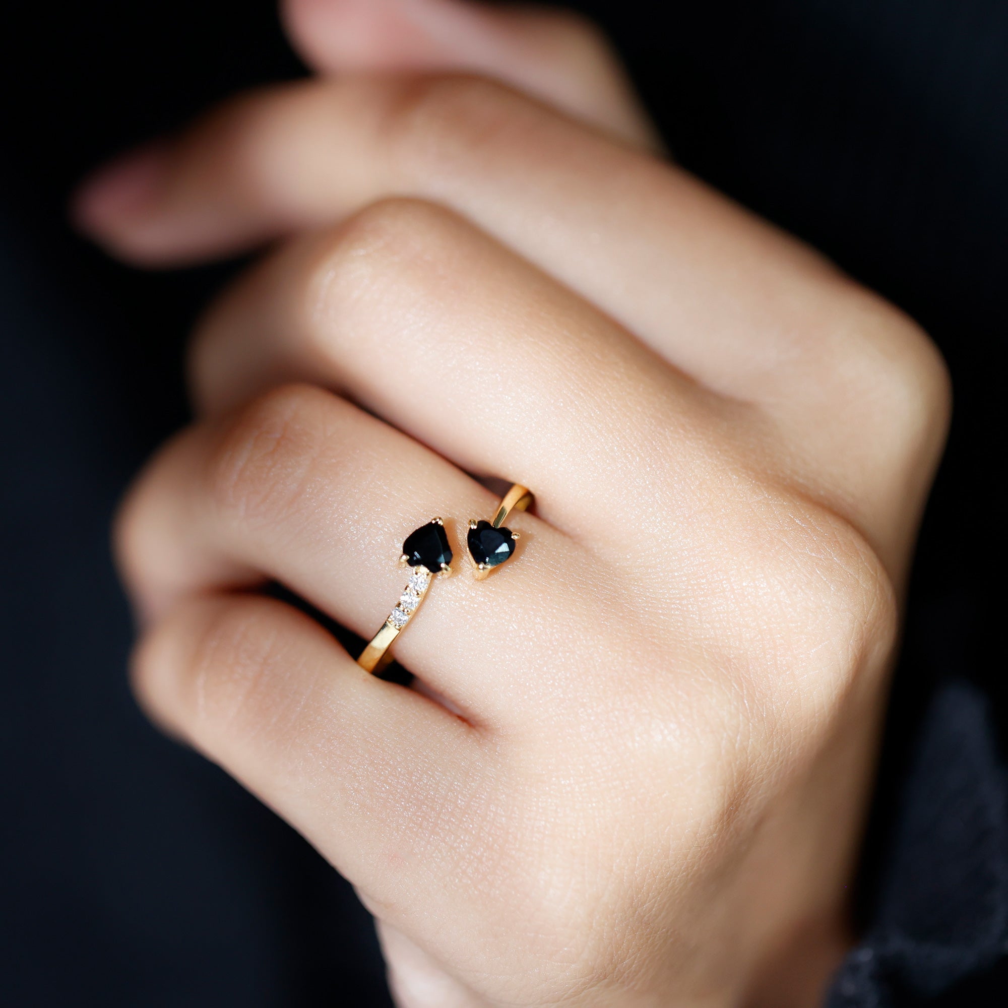 Genuine Black Onyx Double Heart Promise Ring with Diamond