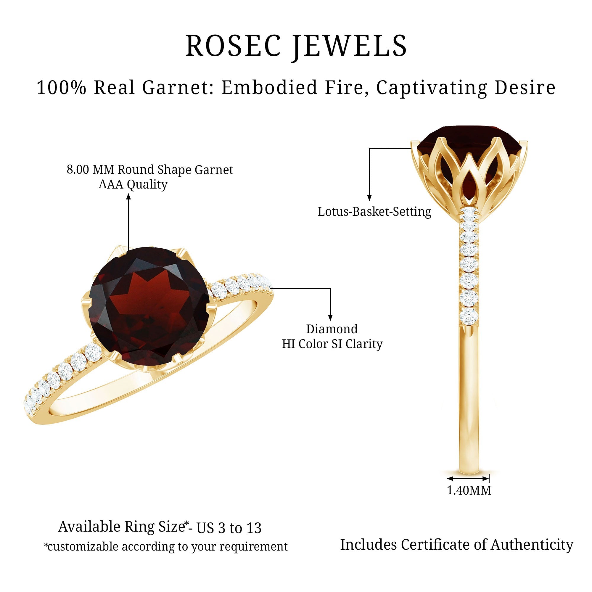 Natural 2.3 Carat Garnet Solitaire Engagement Ring with Diamond