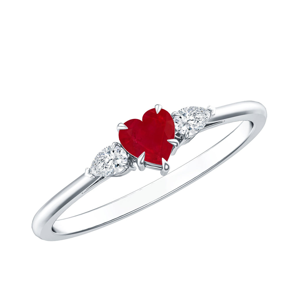Ruby Promise Ring – Heart Shape 3 Stone Ring With AAA Quality Ruby & Pear Diamonds
