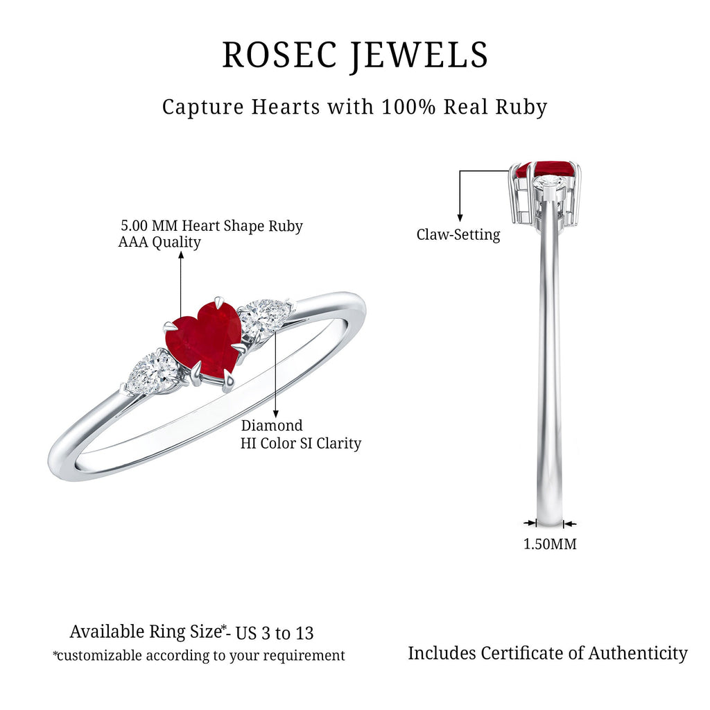 Ruby Promise Ring – Heart Shape 3 Stone Ring With AAA Quality Ruby & Pear Diamonds