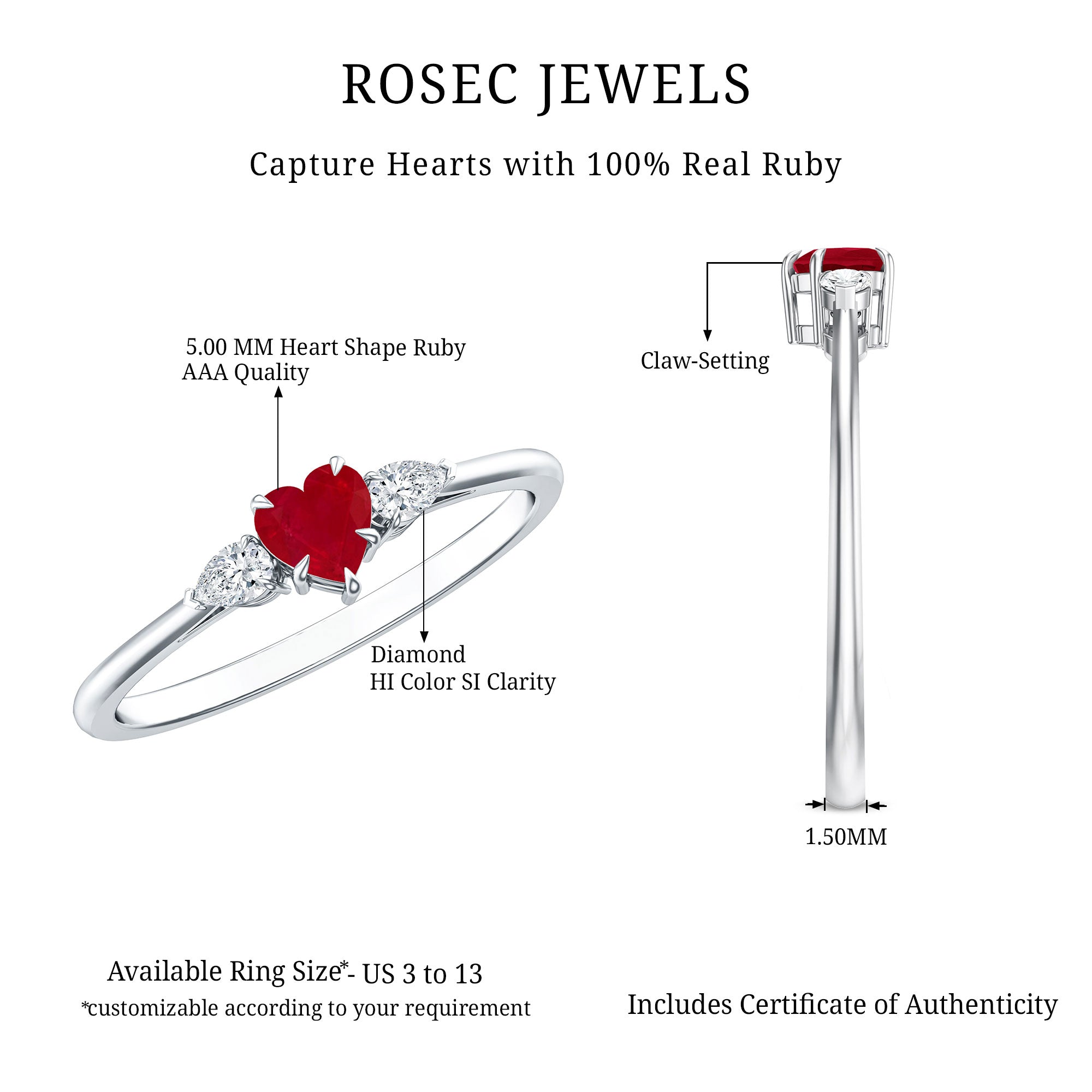 Ruby Promise Ring – Heart Shape 3 Stone Ring With AAA Quality Ruby & Pear Diamonds