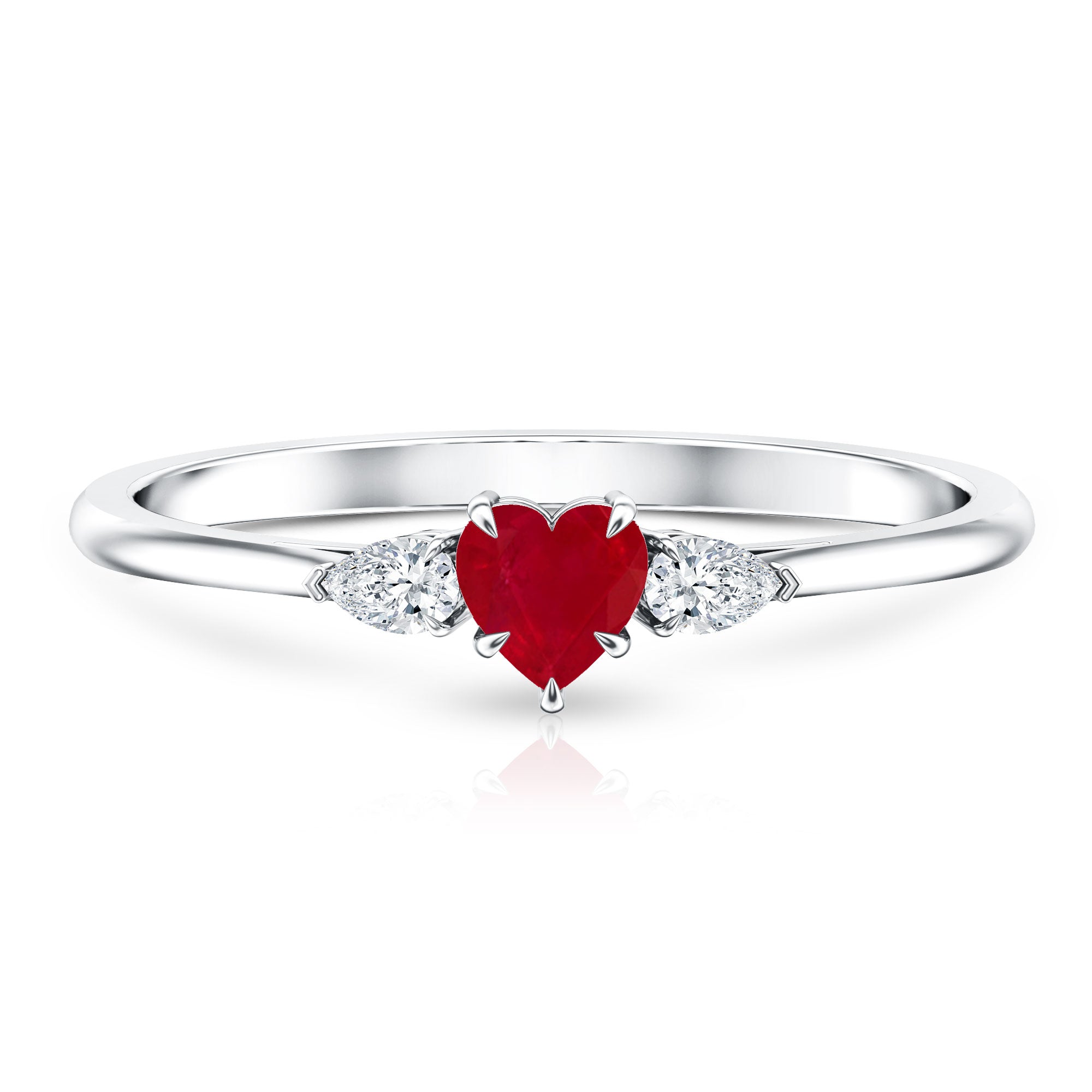 Ruby Promise Ring – Heart Shape 3 Stone Ring With AAA Quality Ruby & Pear Diamonds