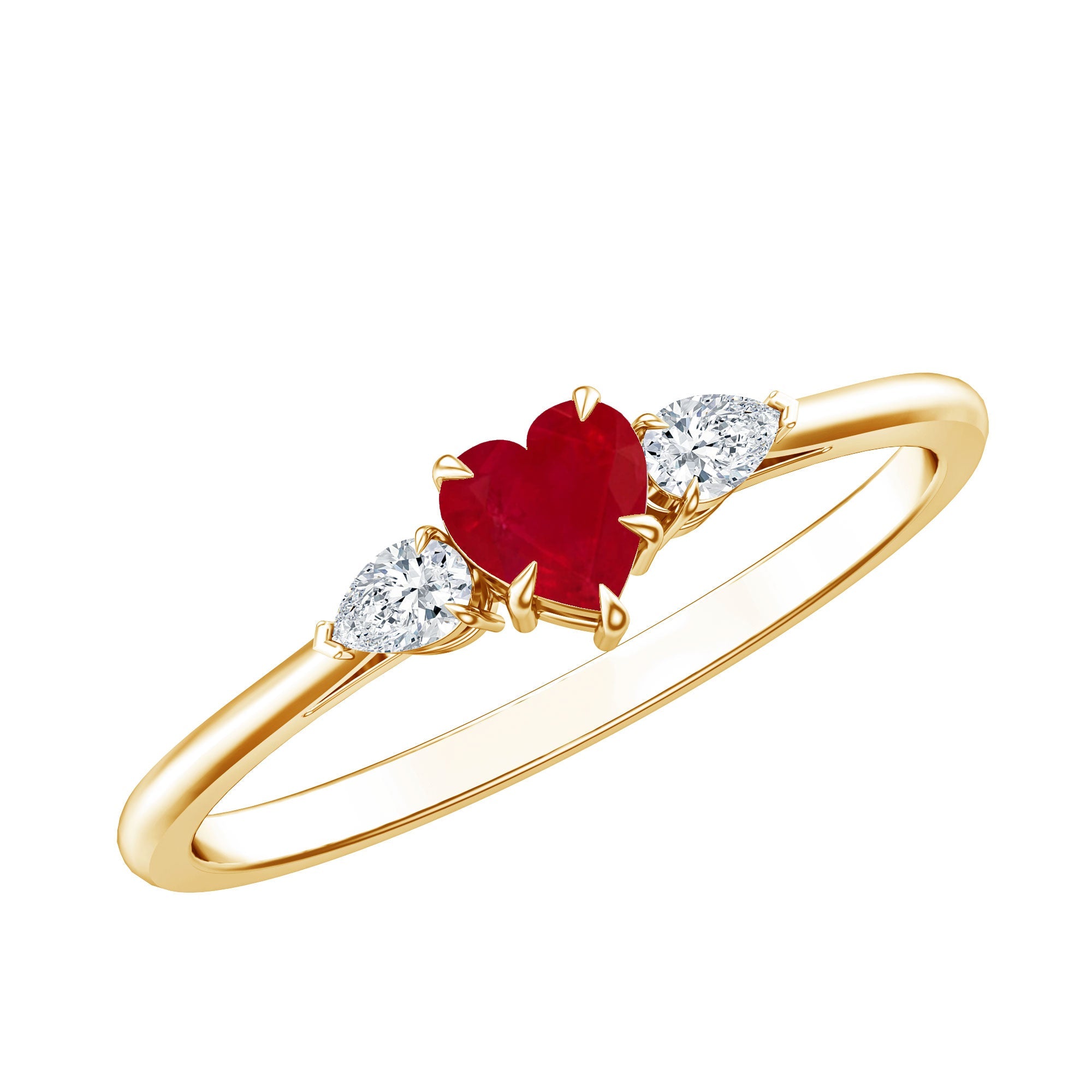 Ruby Promise Ring – Heart Shape 3 Stone Ring With AAA Quality Ruby & Pear Diamonds