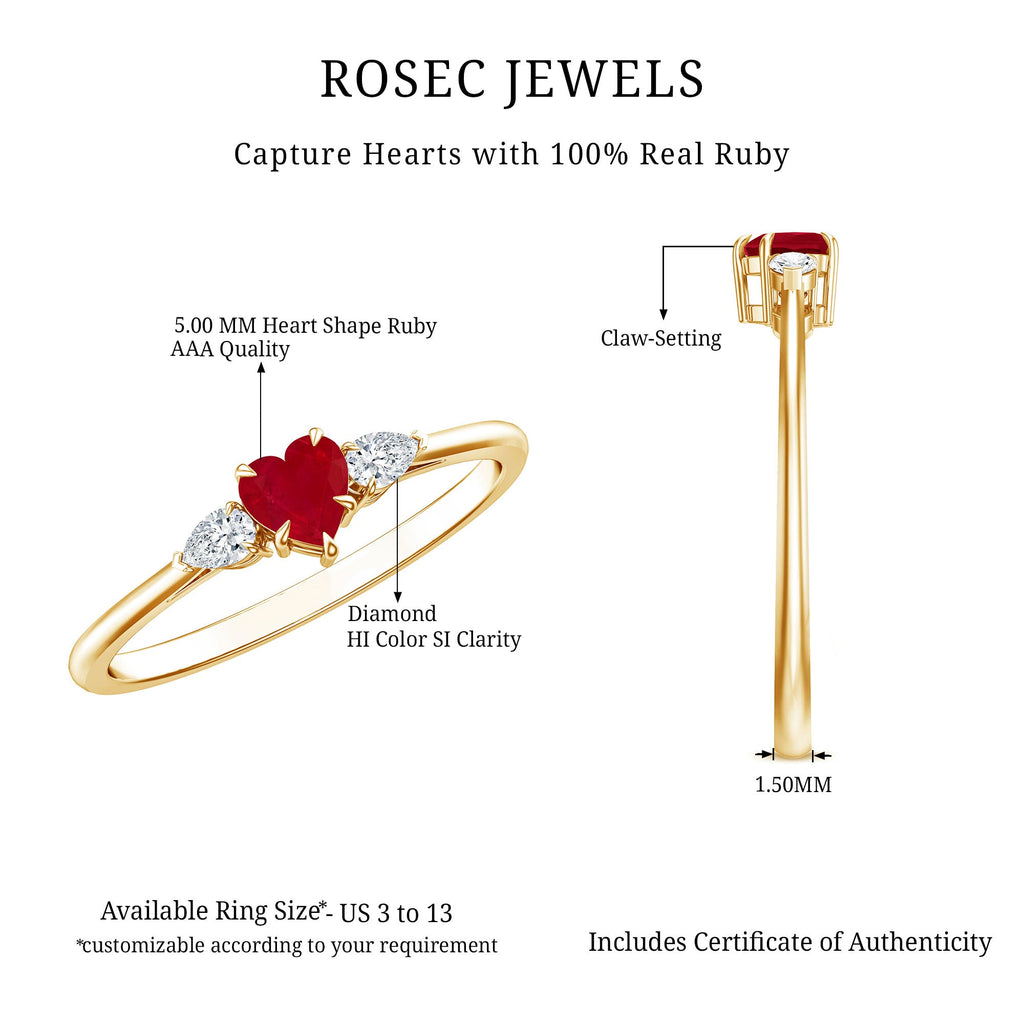 Ruby Promise Ring – Heart Shape 3 Stone Ring With AAA Quality Ruby & Pear Diamonds