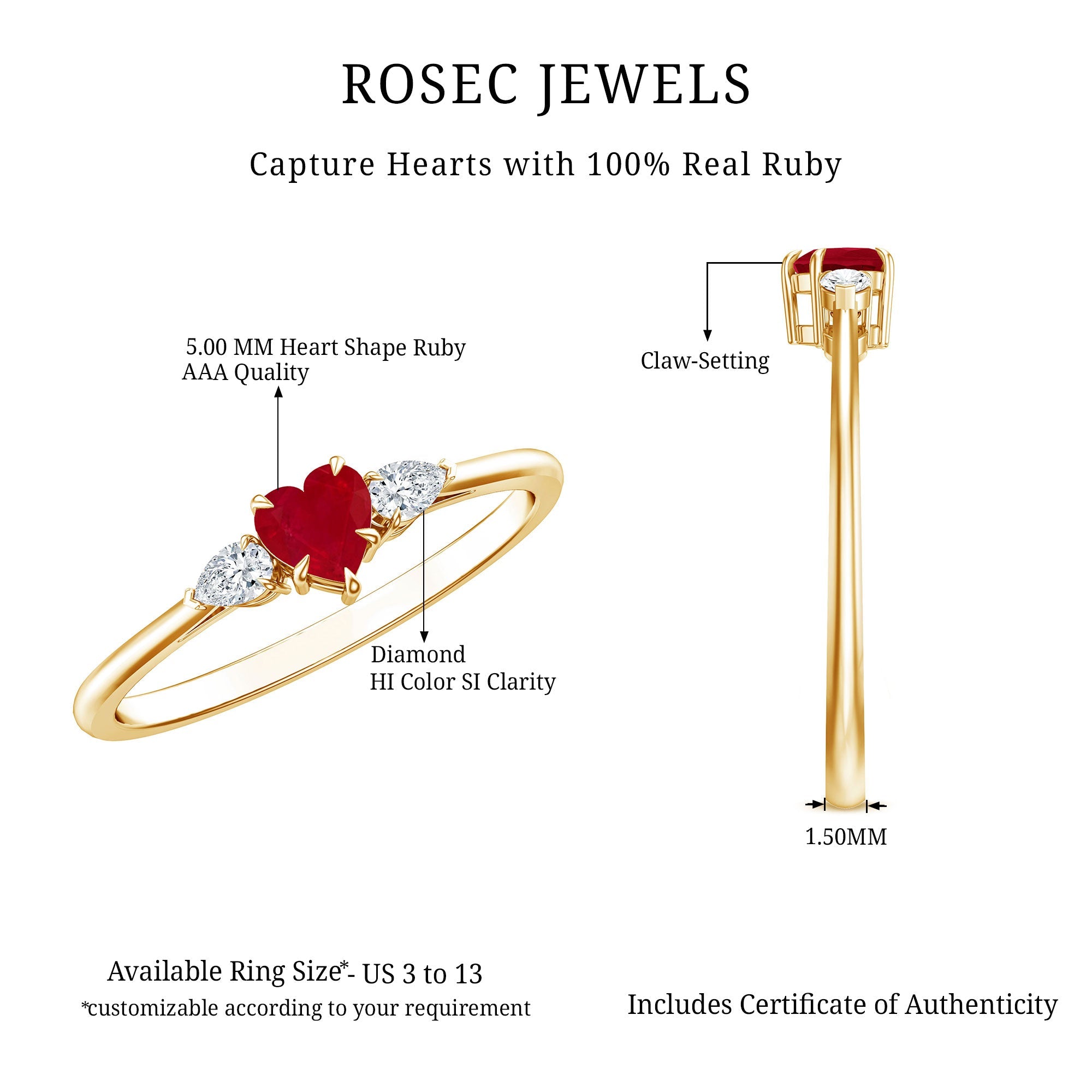 Ruby Promise Ring – Heart Shape 3 Stone Ring With AAA Quality Ruby & Pear Diamonds